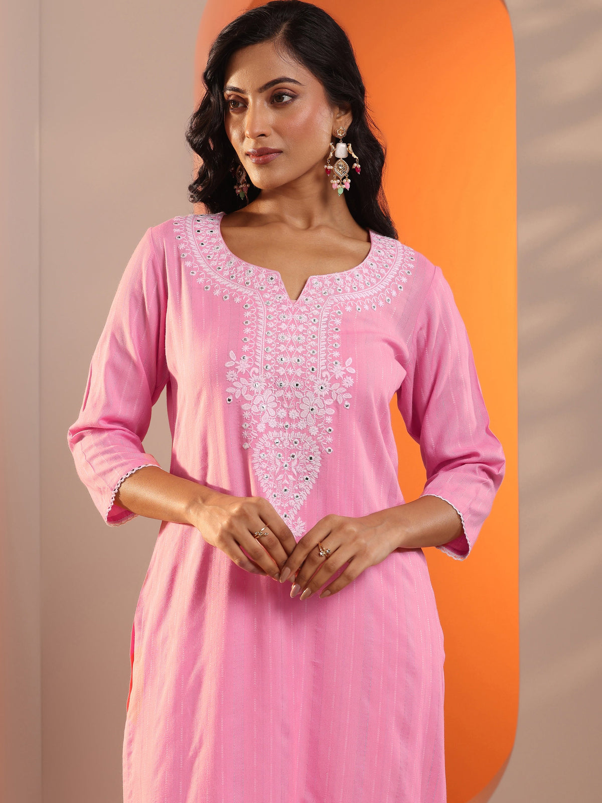 Anouk Pink Embroidered Cotton Straight Suit Set With Dupatta