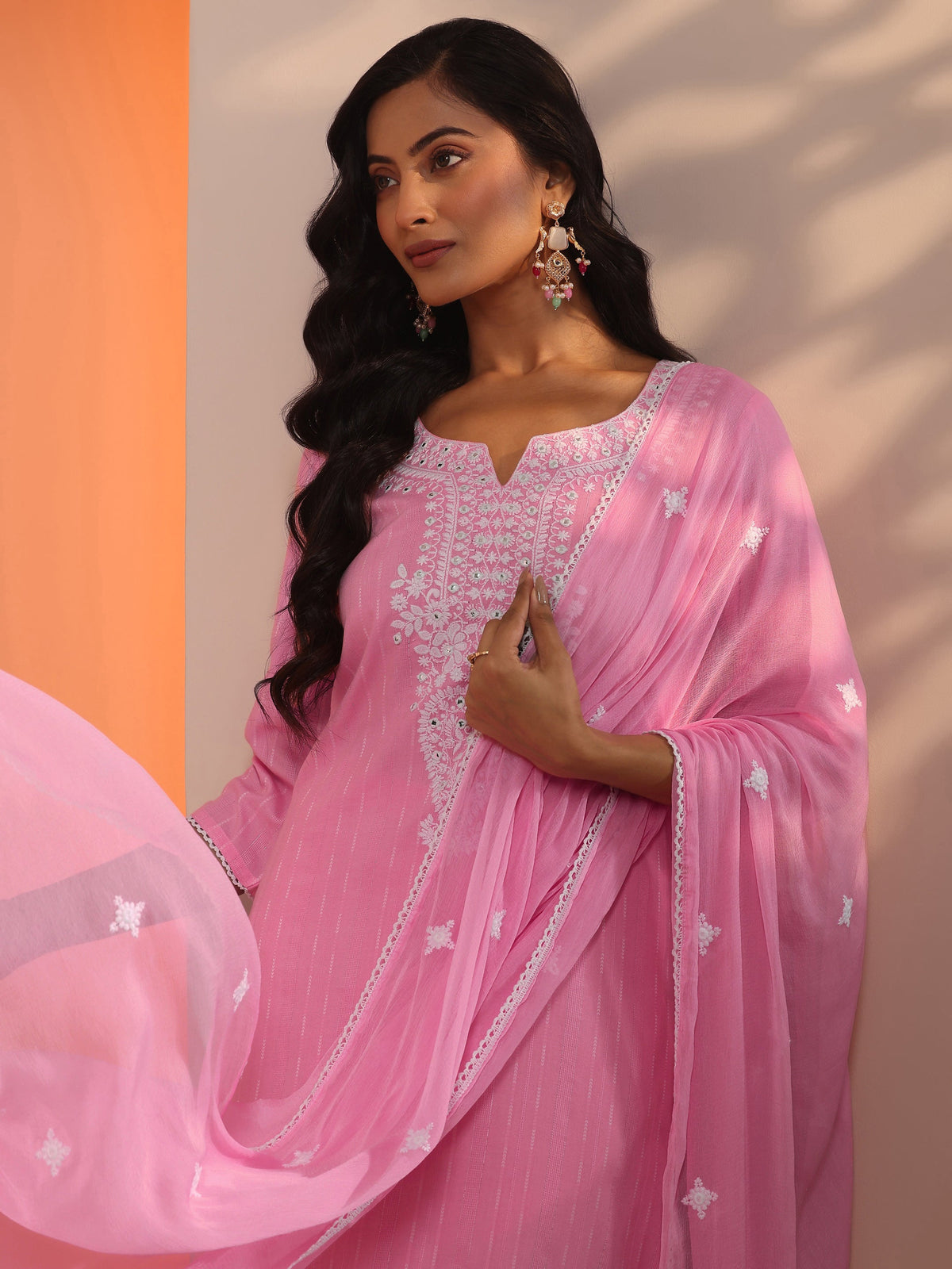 Anouk Pink Embroidered Cotton Straight Suit Set With Dupatta