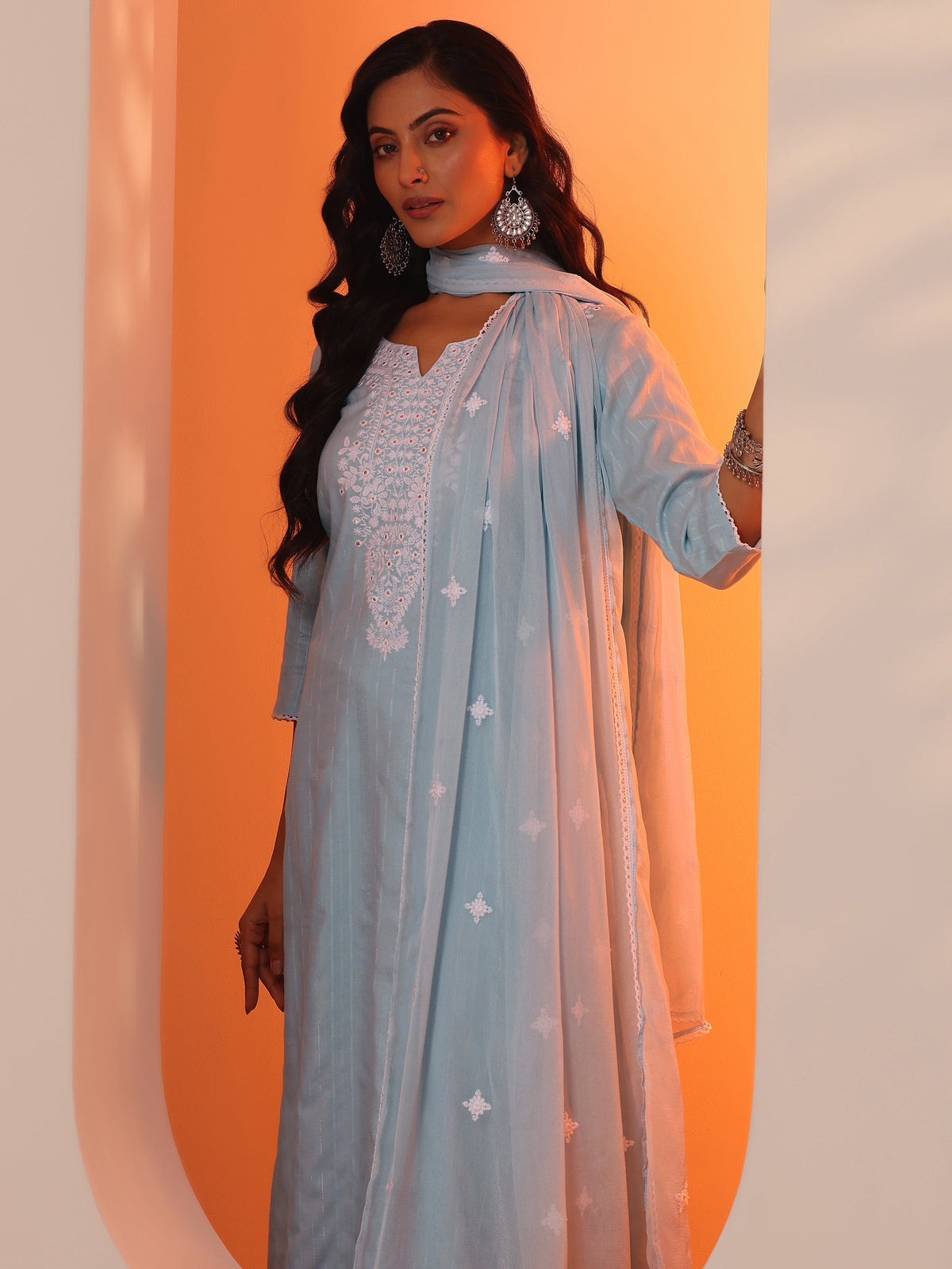 Anouk Blue Embroidered Cotton Straight Suit Set With Dupatta