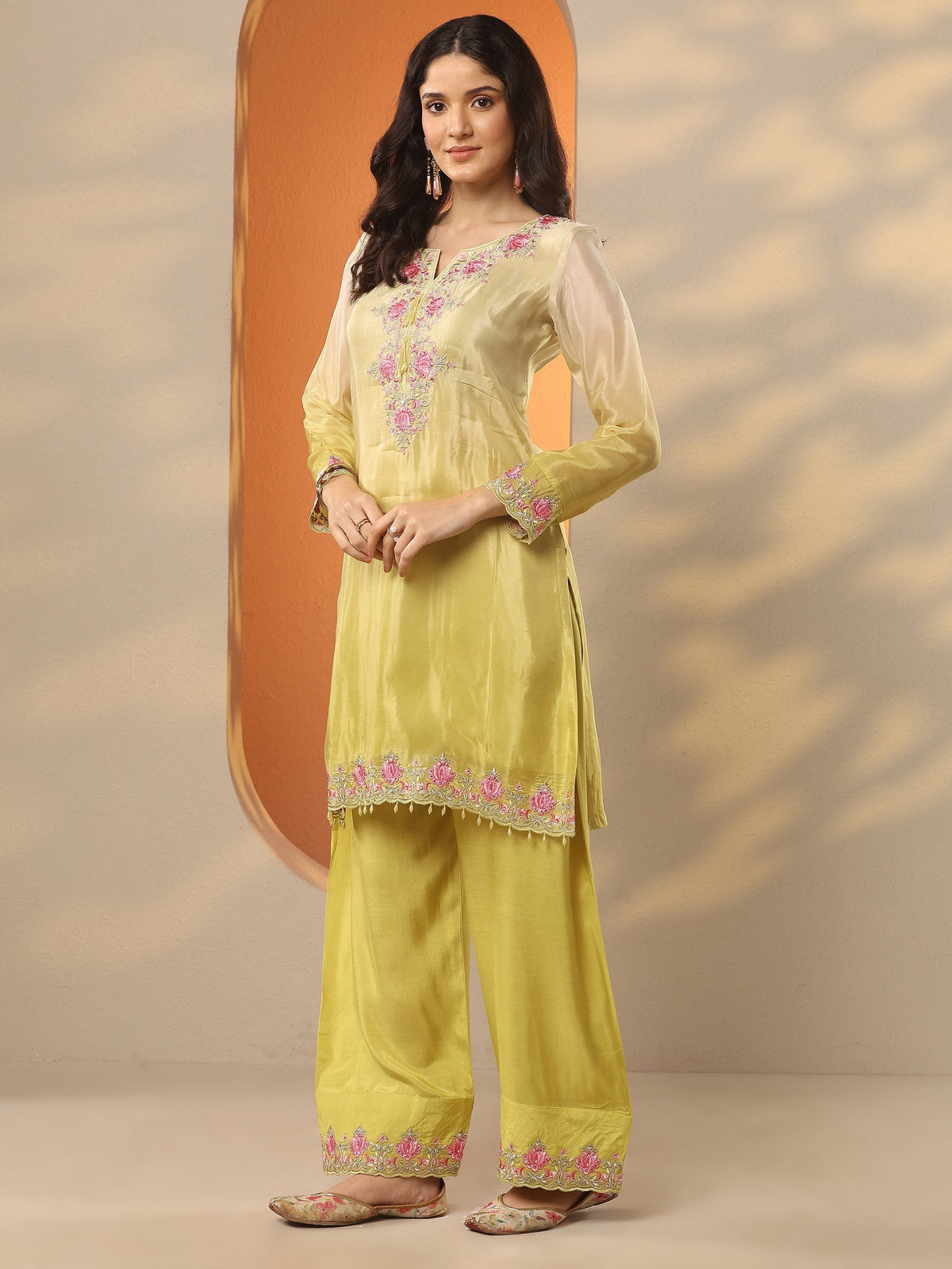 Anouk Yellow Embroidered Crepe Straight Suit Set With Dupatta