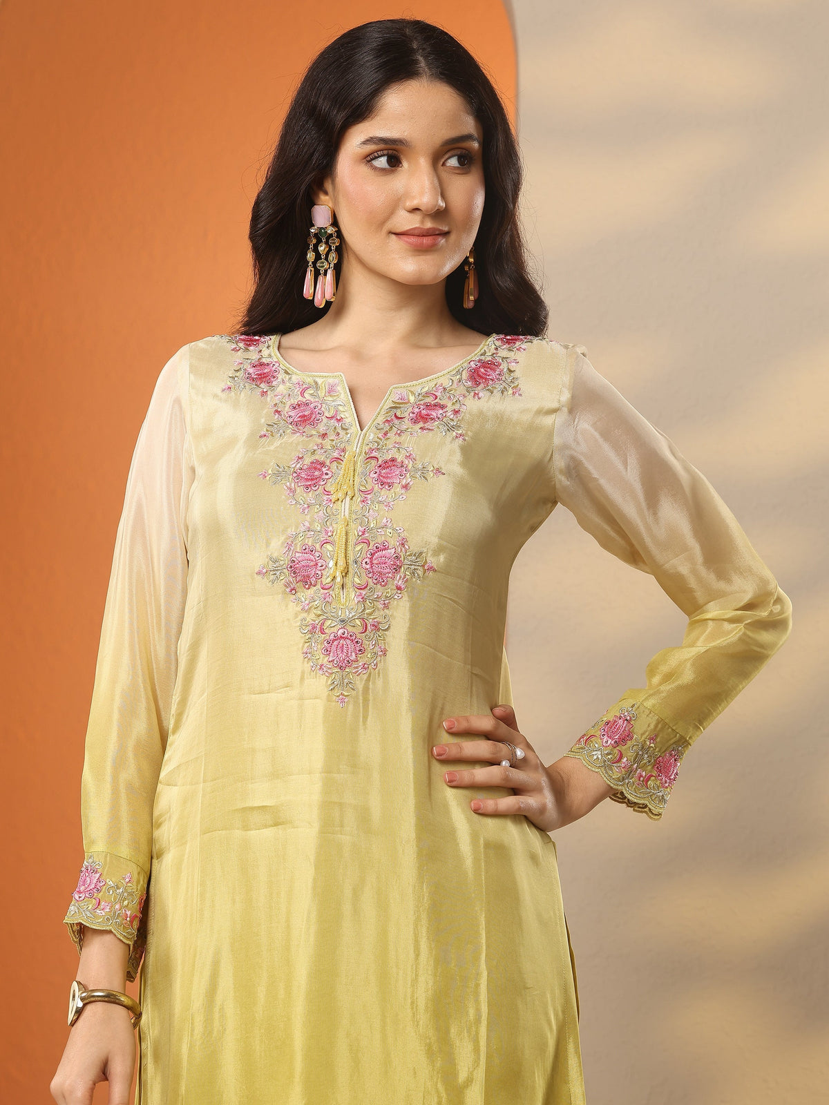 Anouk Yellow Embroidered Crepe Straight Suit Set With Dupatta
