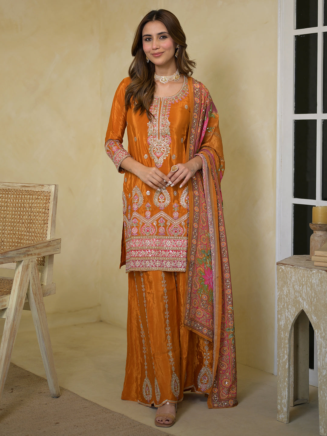 Anouk Art Orange Embroidered Crepe Straight Suit Set With Dupatta