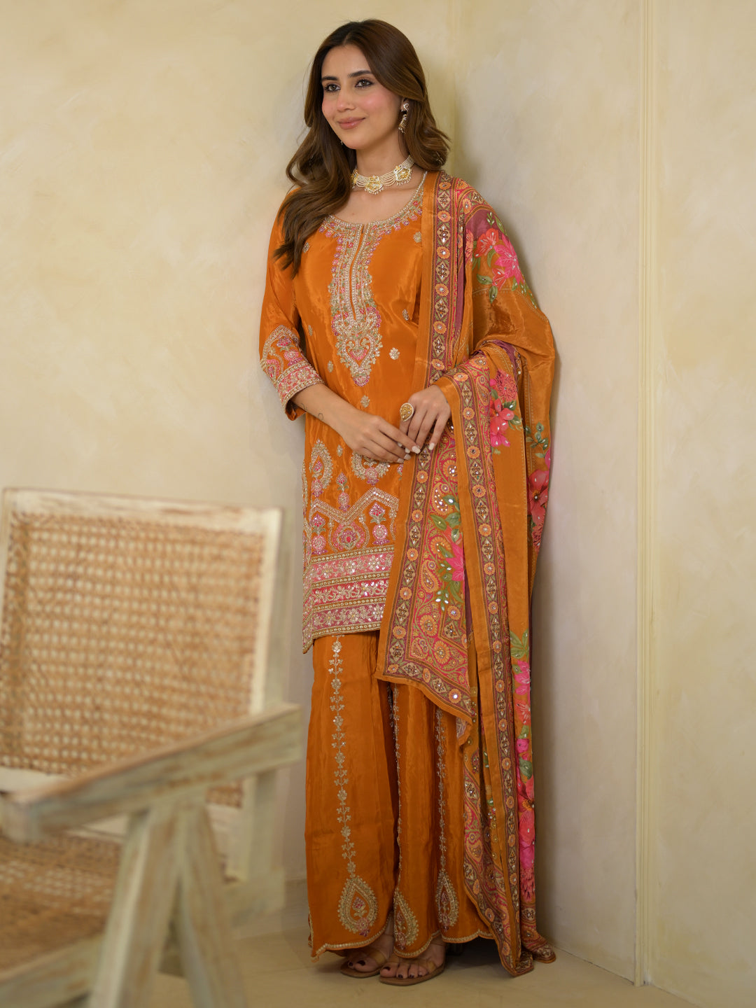 Anouk Art Orange Embroidered Crepe Straight Suit Set With Dupatta