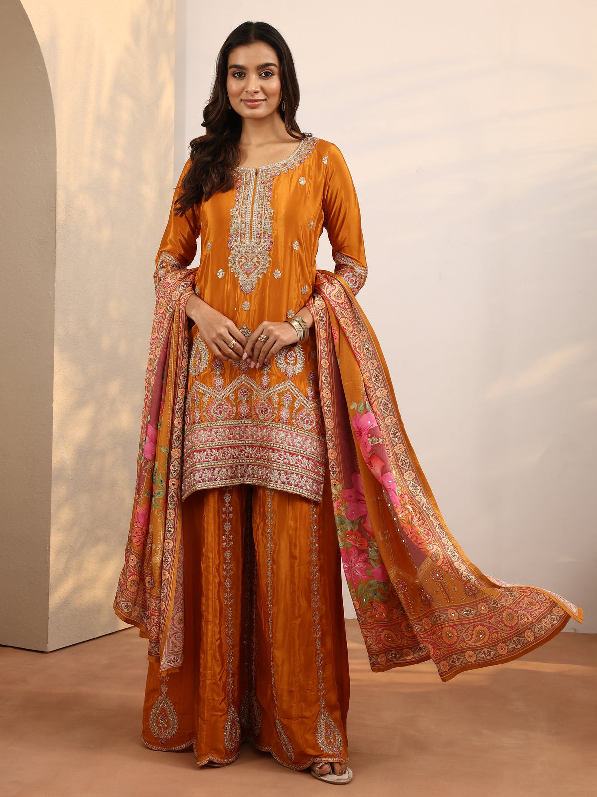 Anouk Art Orange Embroidered Crepe Straight Suit Set With Dupatta