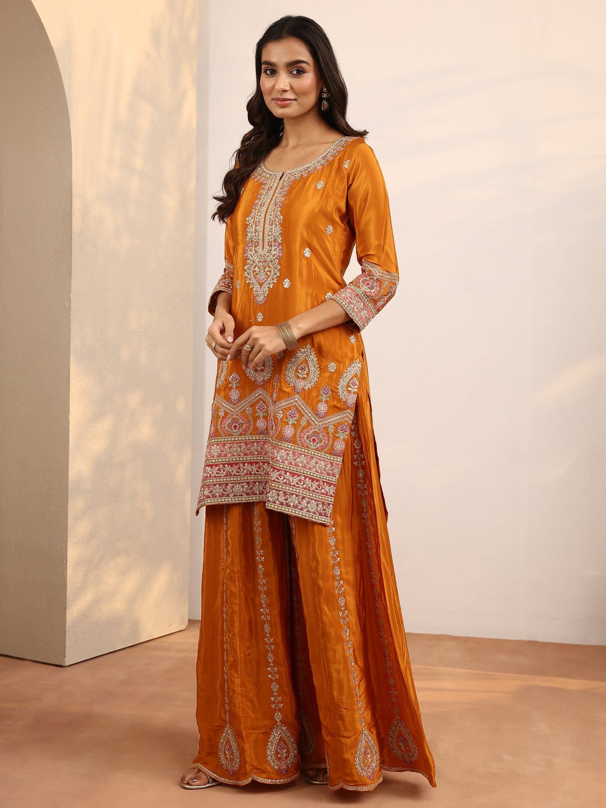 Anouk Art Orange Embroidered Crepe Straight Suit Set With Dupatta