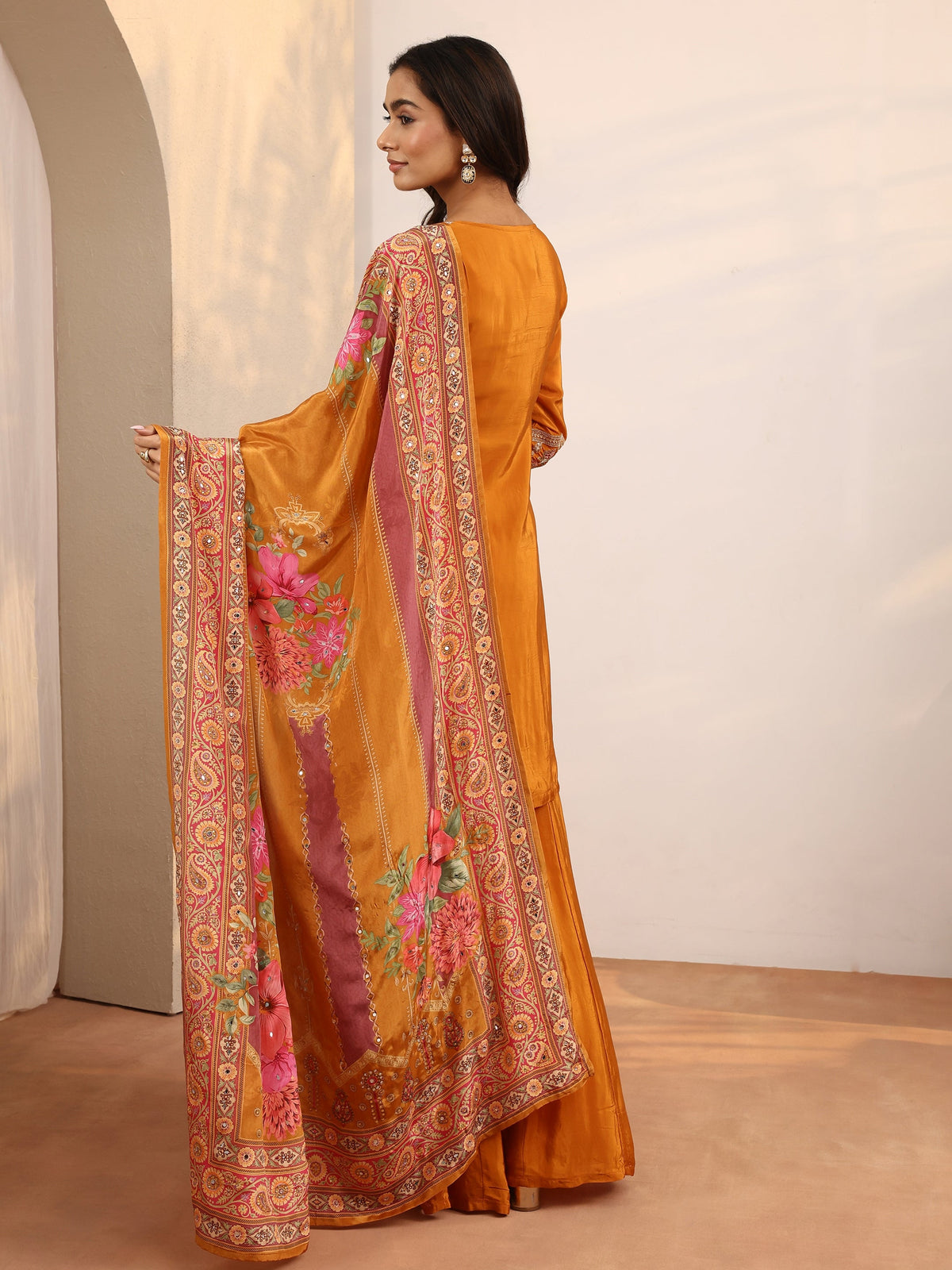 Anouk Art Orange Embroidered Crepe Straight Suit Set With Dupatta