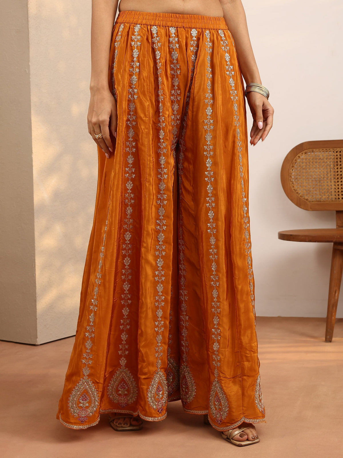 Anouk Art Orange Embroidered Crepe Straight Suit Set With Dupatta