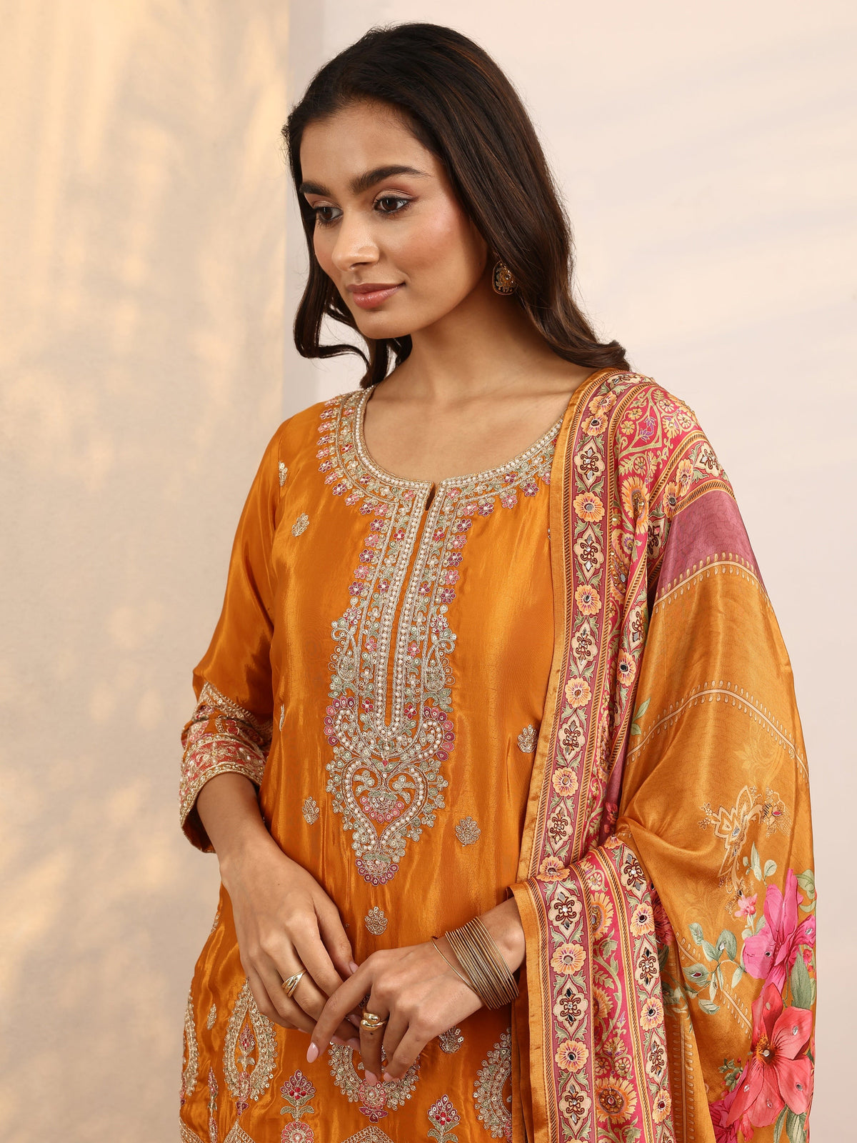 Anouk Art Orange Embroidered Crepe Straight Suit Set With Dupatta