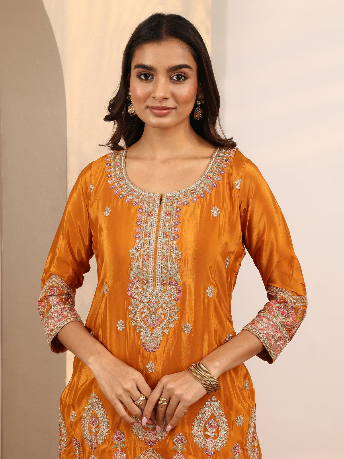 Anouk Art Orange Embroidered Crepe Straight Suit Set With Dupatta