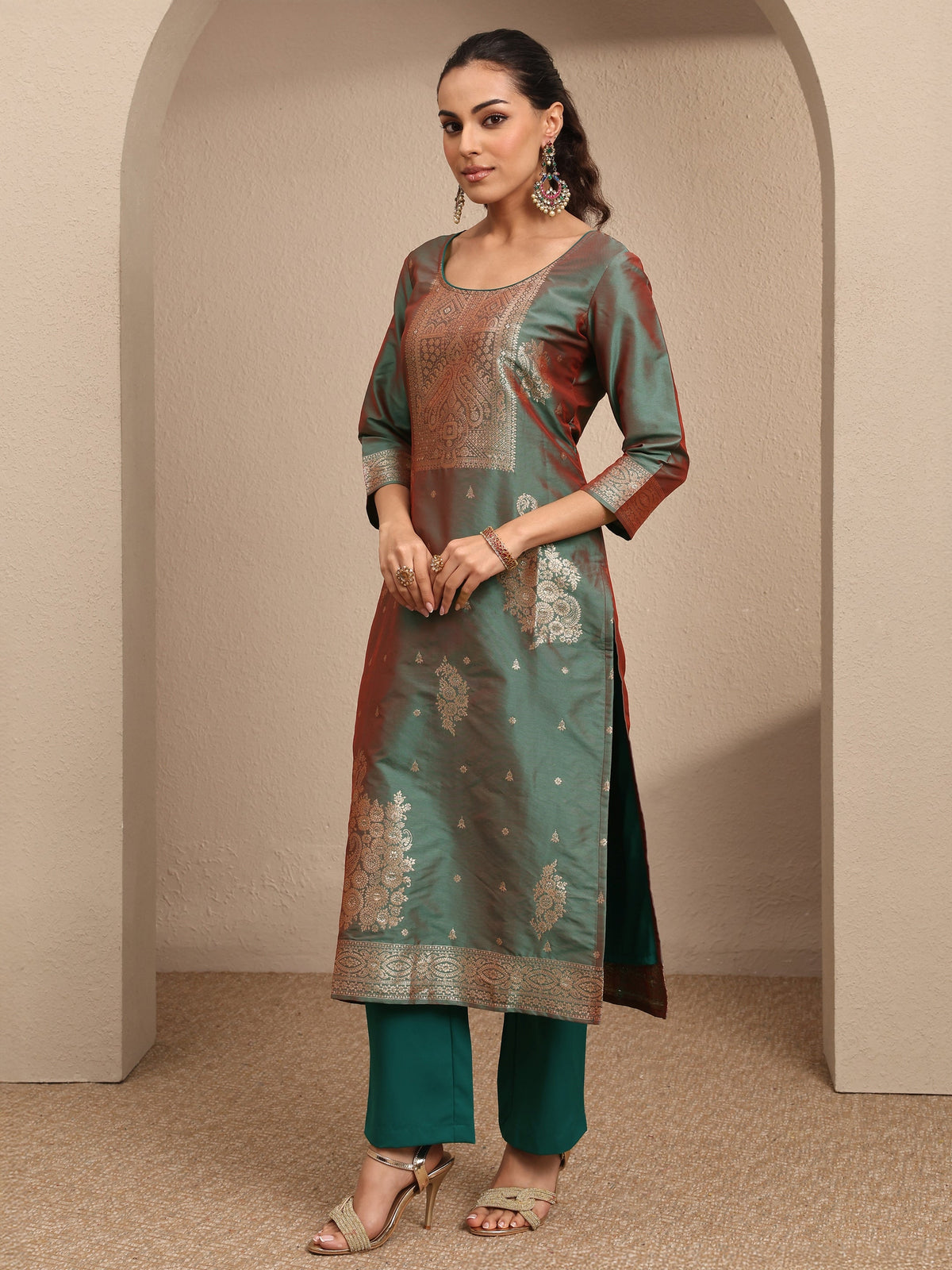 Anouk Green Woven Design Silk Blend Straight Suit Set With Dupatta