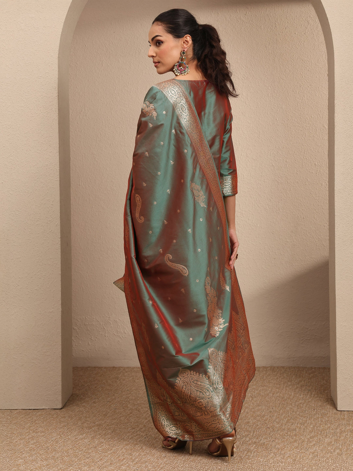 Anouk Green Woven Design Silk Blend Straight Suit Set With Dupatta