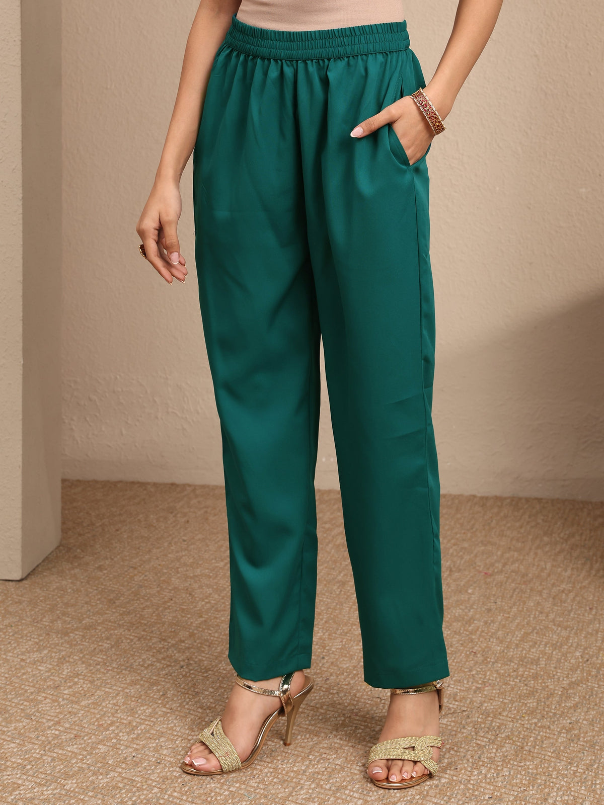 Anouk Green Woven Design Silk Blend Straight Suit Set With Dupatta