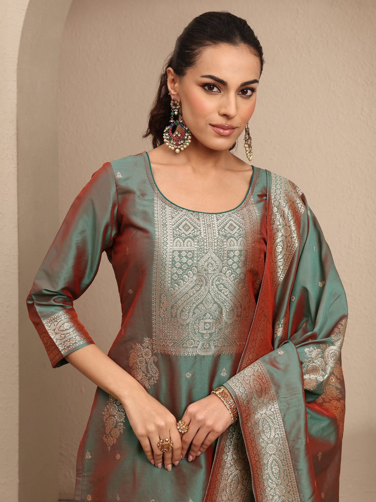 Anouk Green Woven Design Silk Blend Straight Suit Set With Dupatta