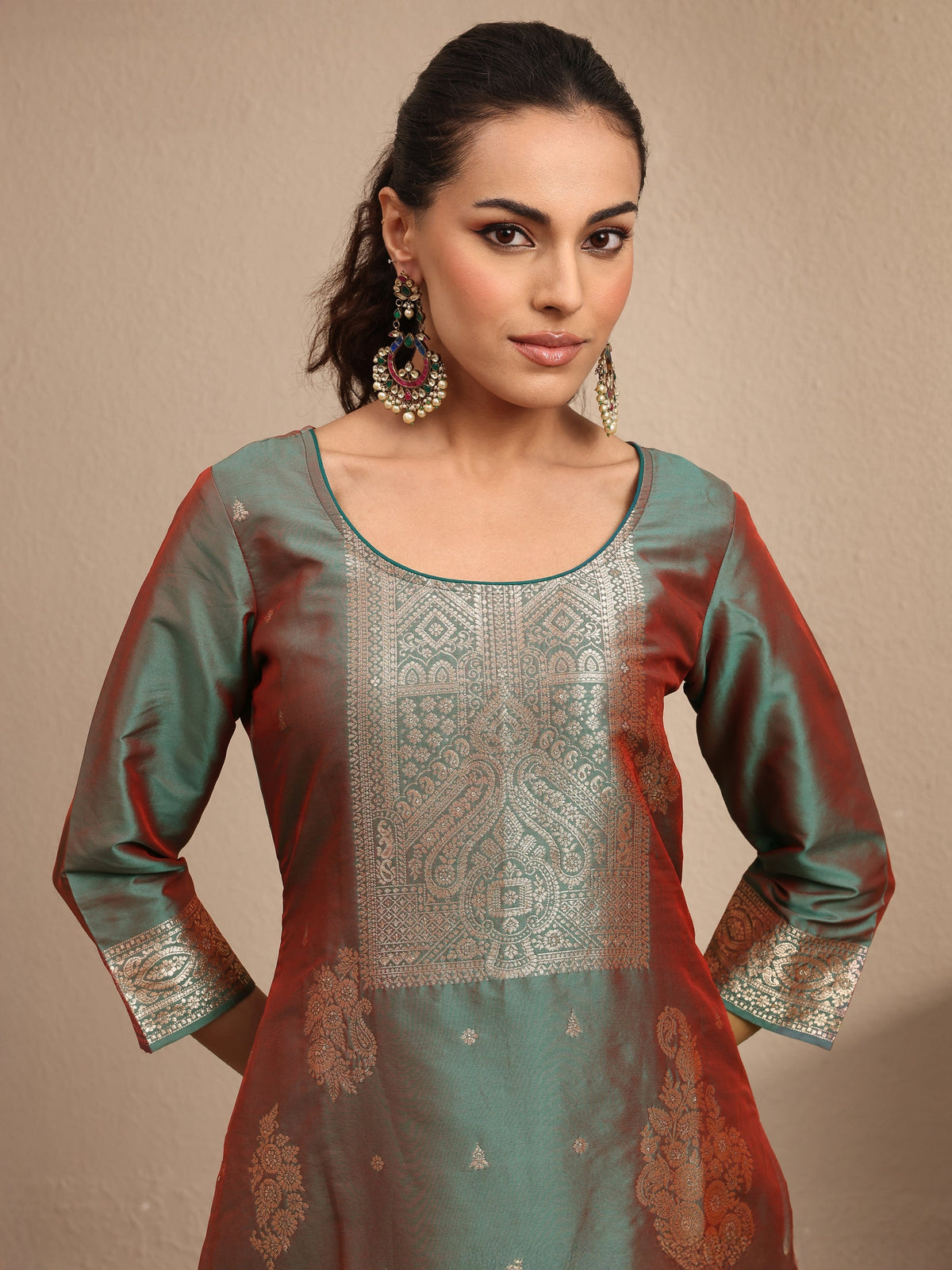 Anouk Green Woven Design Silk Blend Straight Suit Set With Dupatta