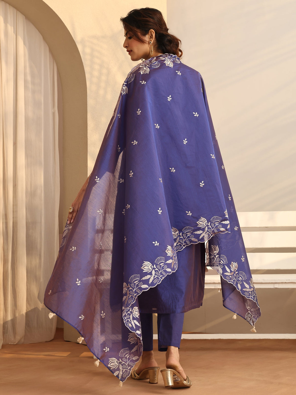 Anouk Purple Embroidered Silk Blend Straight Suit Set With Dupatta