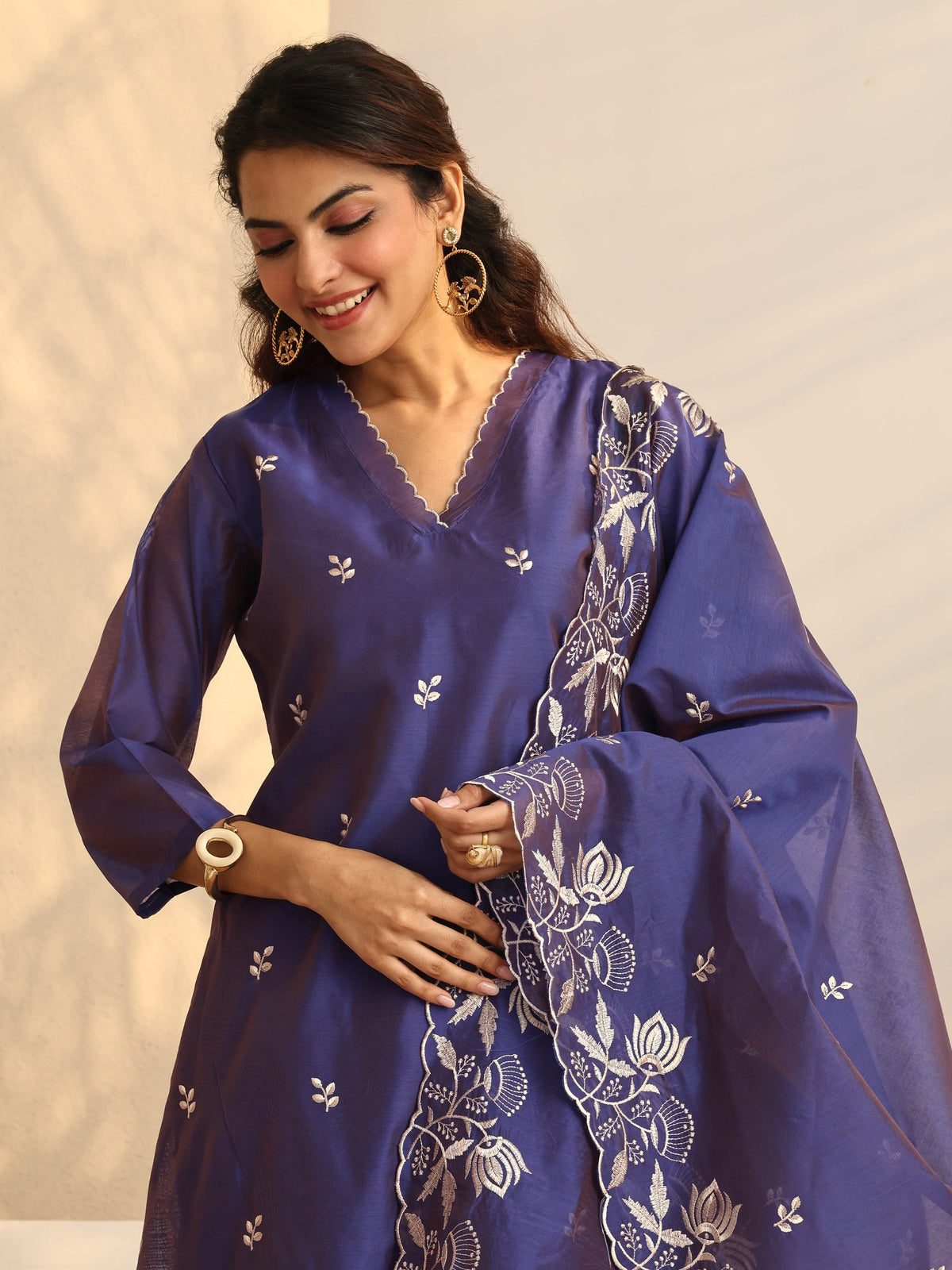 Anouk Purple Embroidered Silk Blend Straight Suit Set With Dupatta