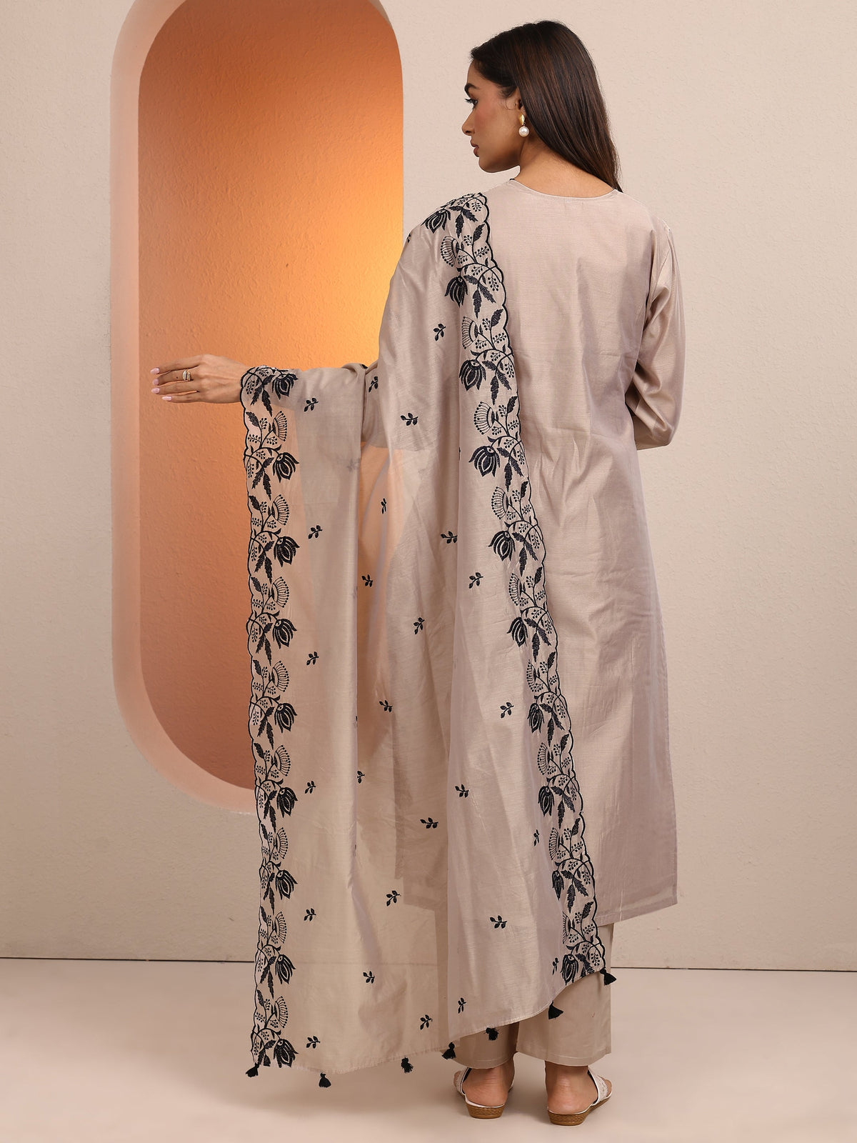 Anouk Beige Embroidered Silk blend Straight Suit Set With Dupatta