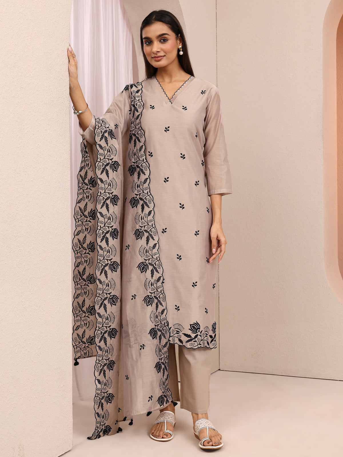 Anouk Beige Embroidered Silk blend Straight Suit Set With Dupatta