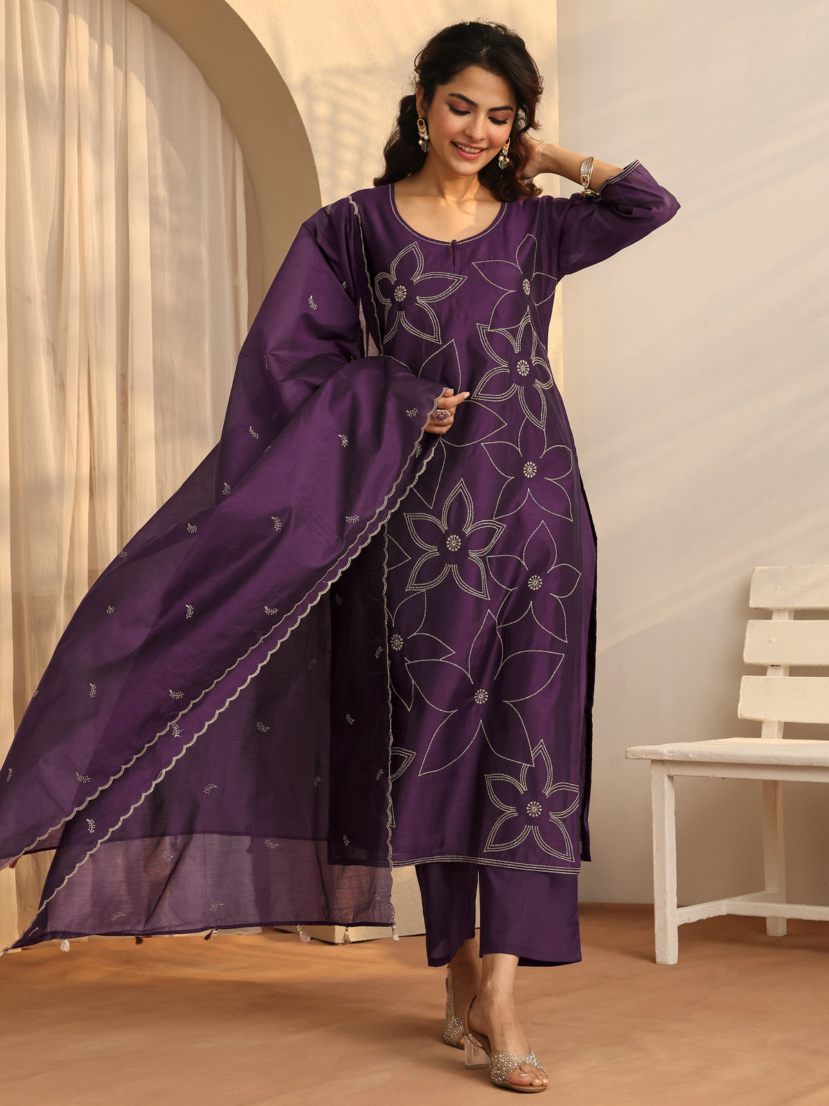 Anouk Purple Printed Silk Blend Straight Suit Set With Dupatta