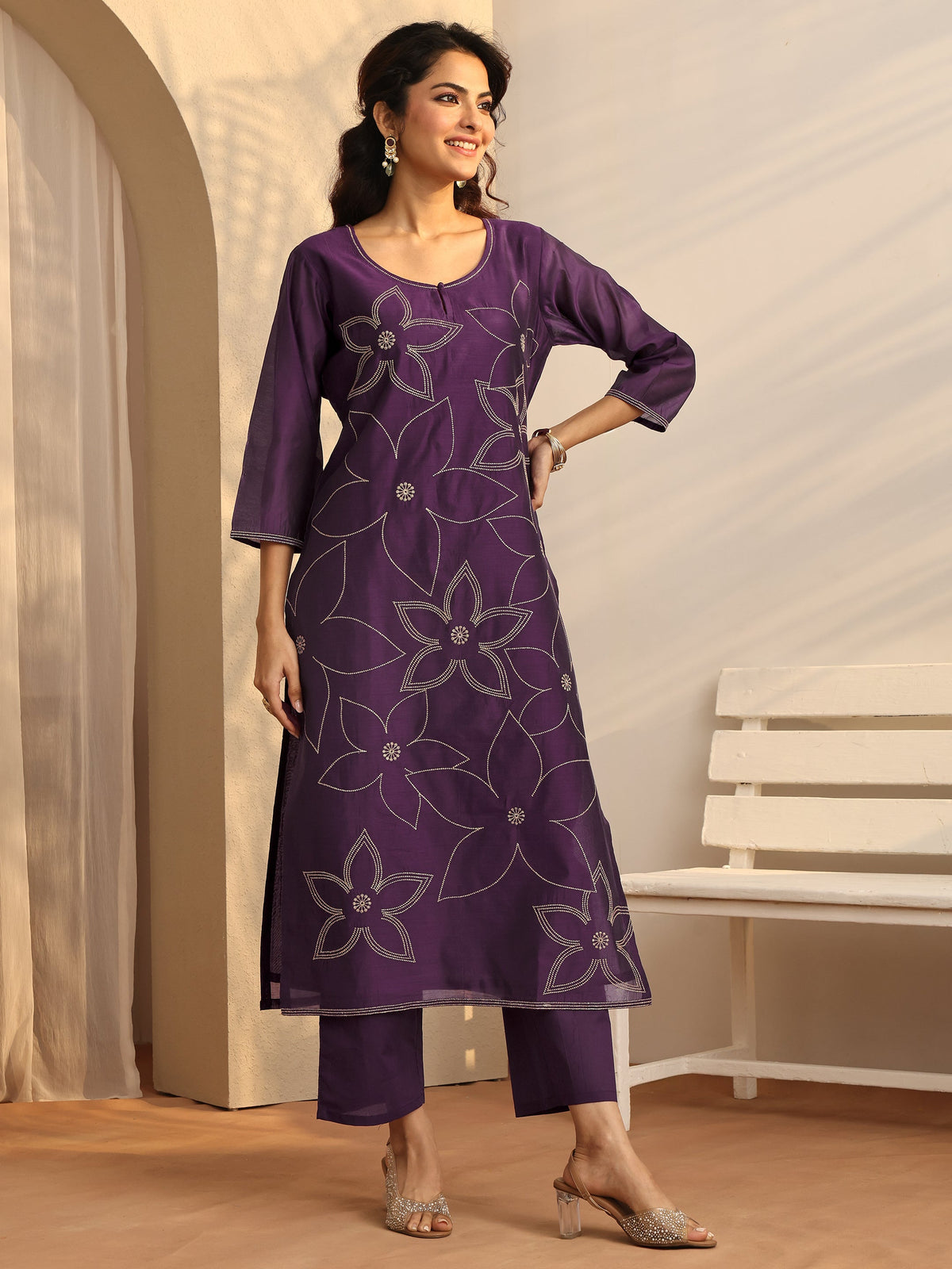 Anouk Purple Printed Silk Blend Straight Suit Set With Dupatta