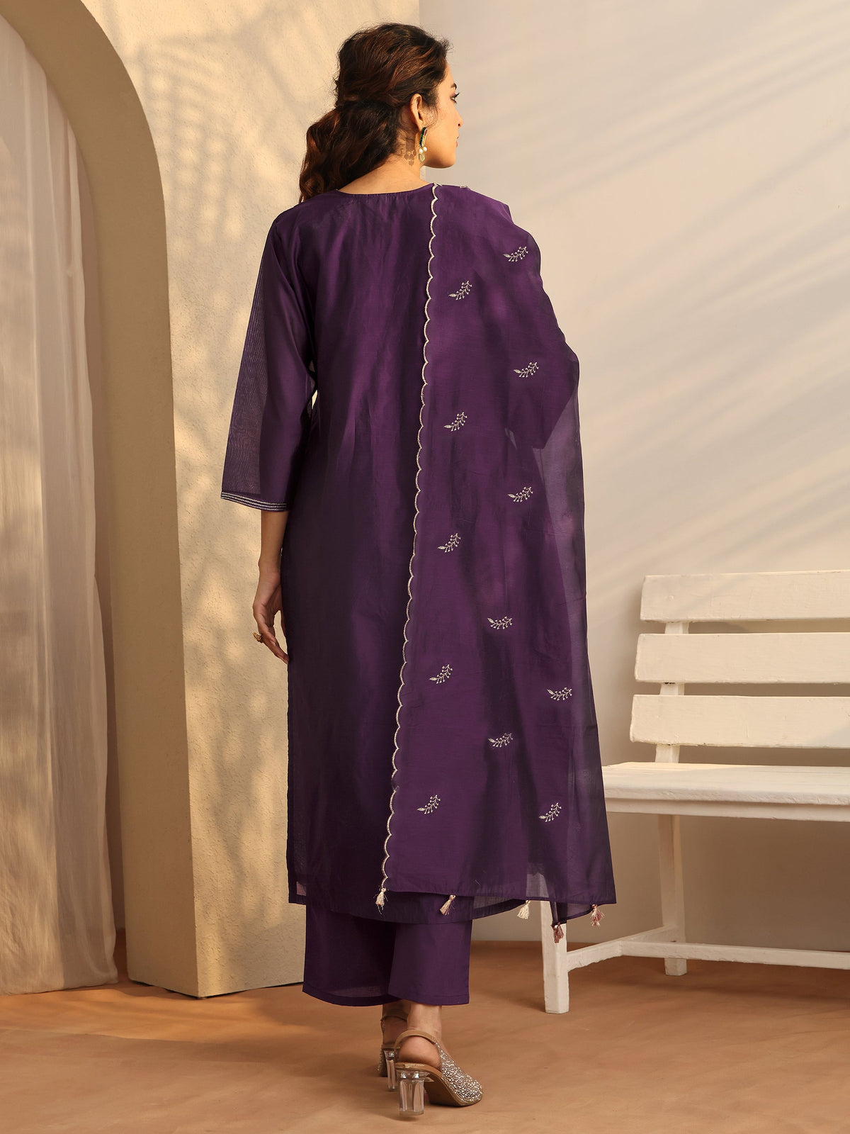 Anouk Purple Printed Silk Blend Straight Suit Set With Dupatta
