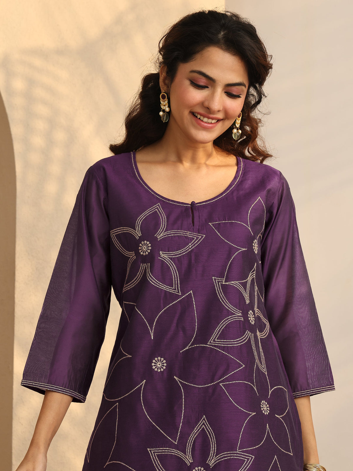 Anouk Purple Printed Silk Blend Straight Suit Set With Dupatta