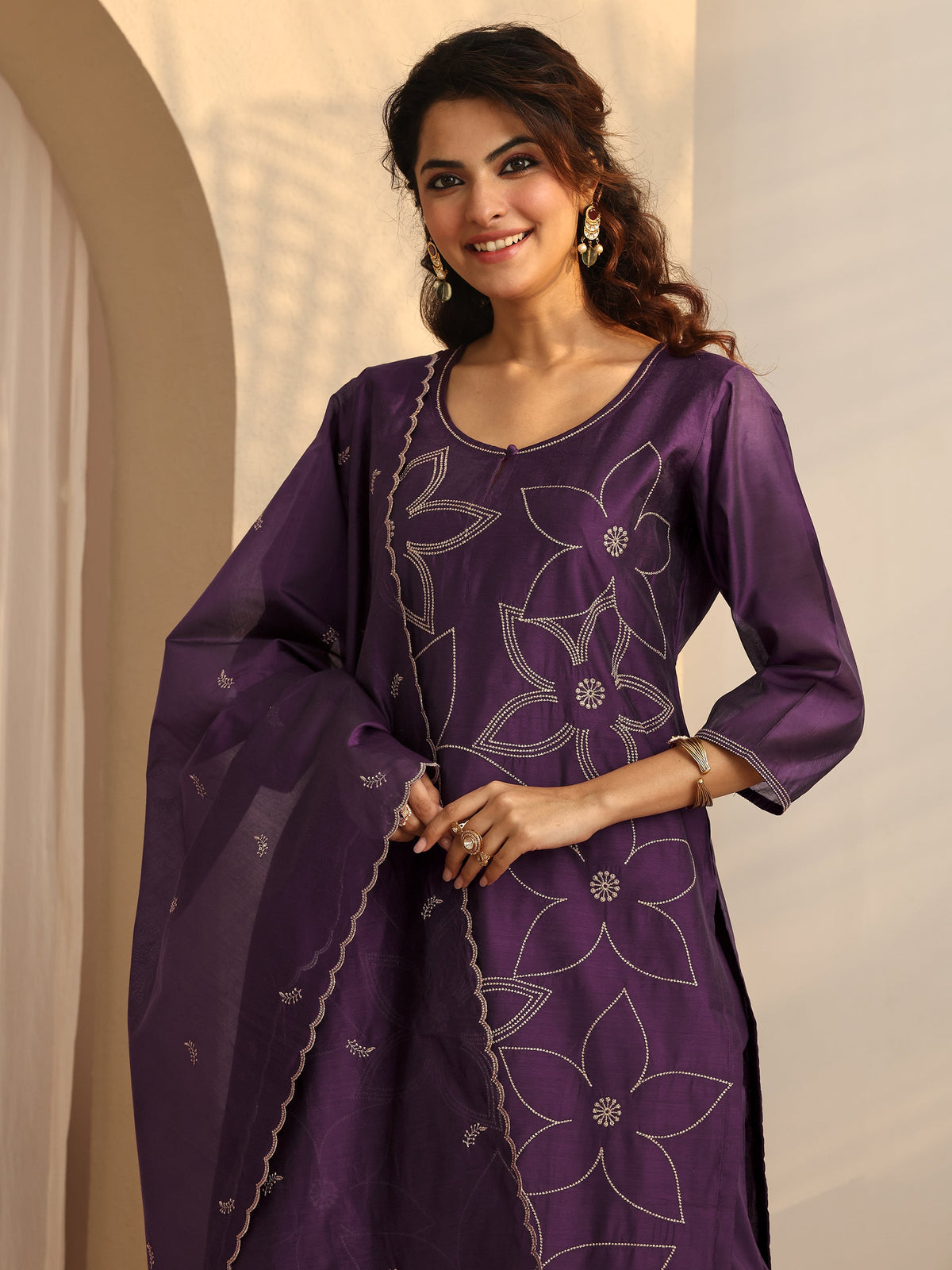 Anouk Purple Printed Silk Blend Straight Suit Set With Dupatta
