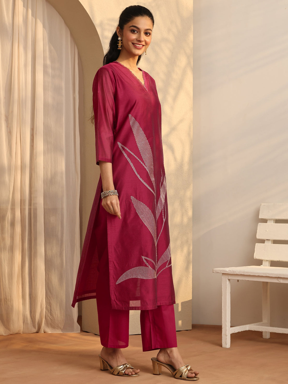 Anouk Maroon Embellished Silk Blend Straight Suit Set With Dupatta