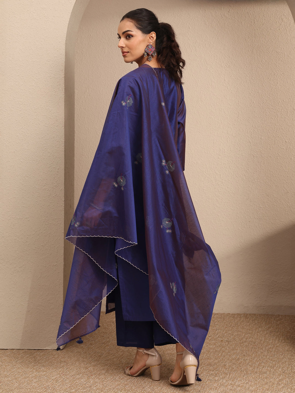 Anouk Purple Embroidered Silk Blend Straight Suit Set With Dupatta