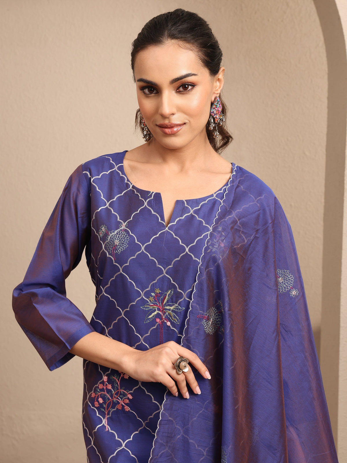 Anouk Purple Embroidered Silk Blend Straight Suit Set With Dupatta
