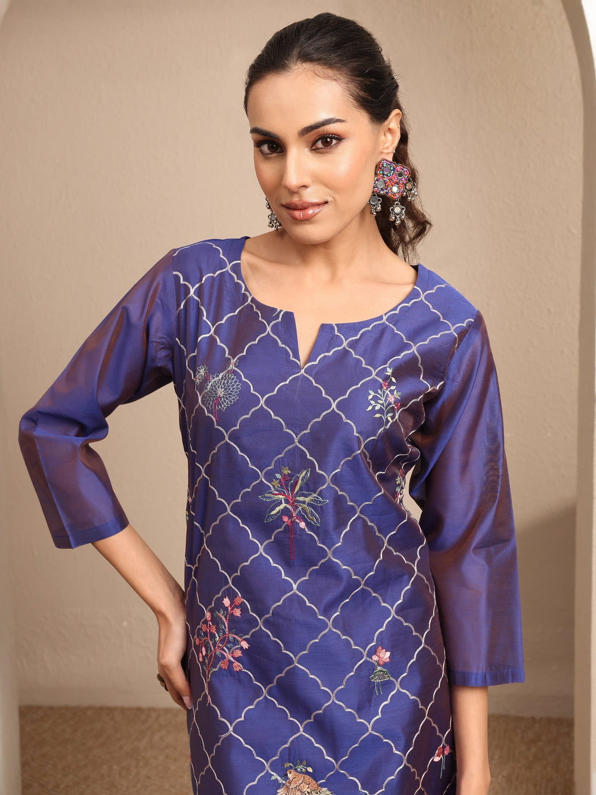 Anouk Purple Embroidered Silk Blend Straight Suit Set With Dupatta