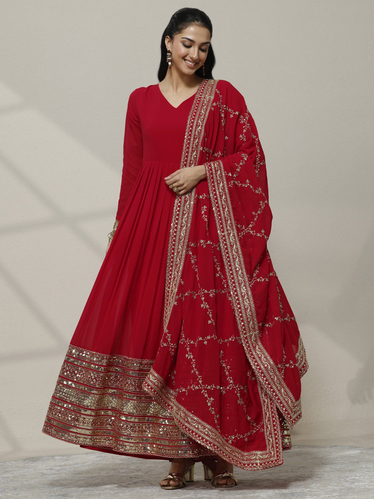 Anouk Red Embellished Georgette Anarkali Suit Set With Dupatta