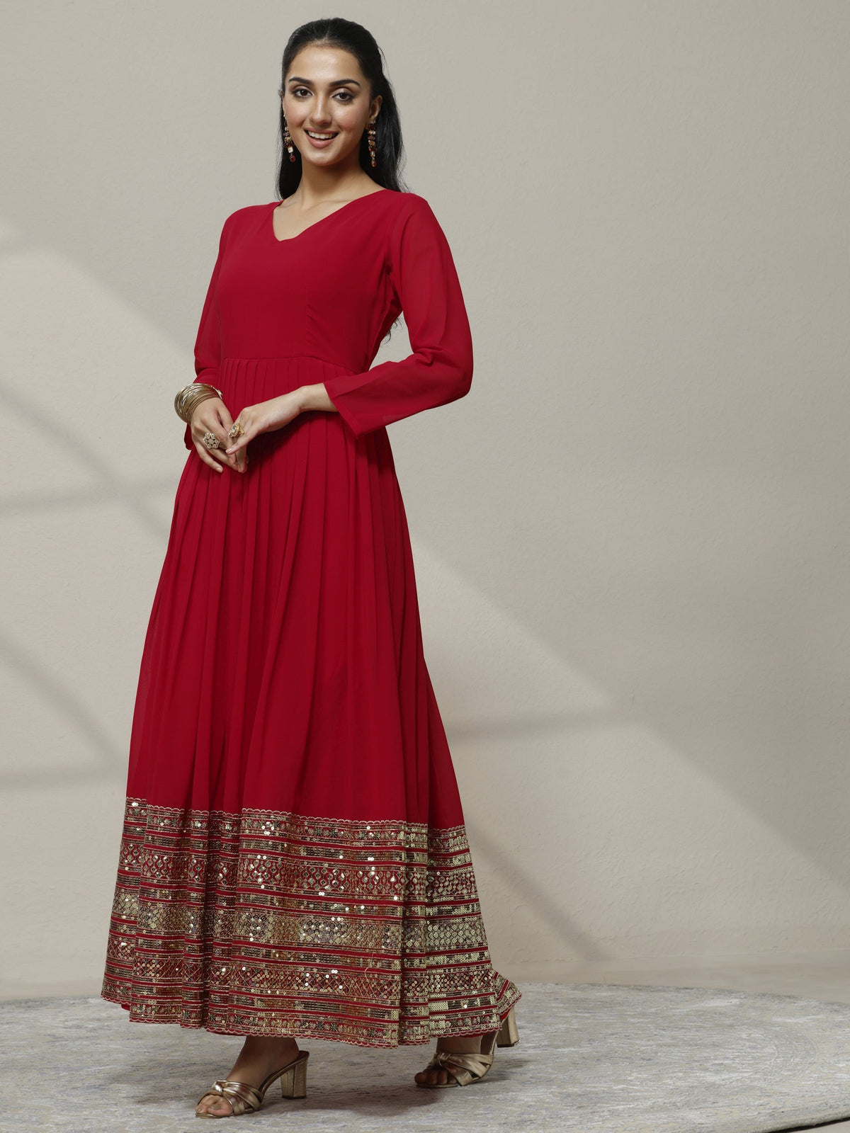 Anouk Red Embellished Georgette Anarkali Suit Set With Dupatta