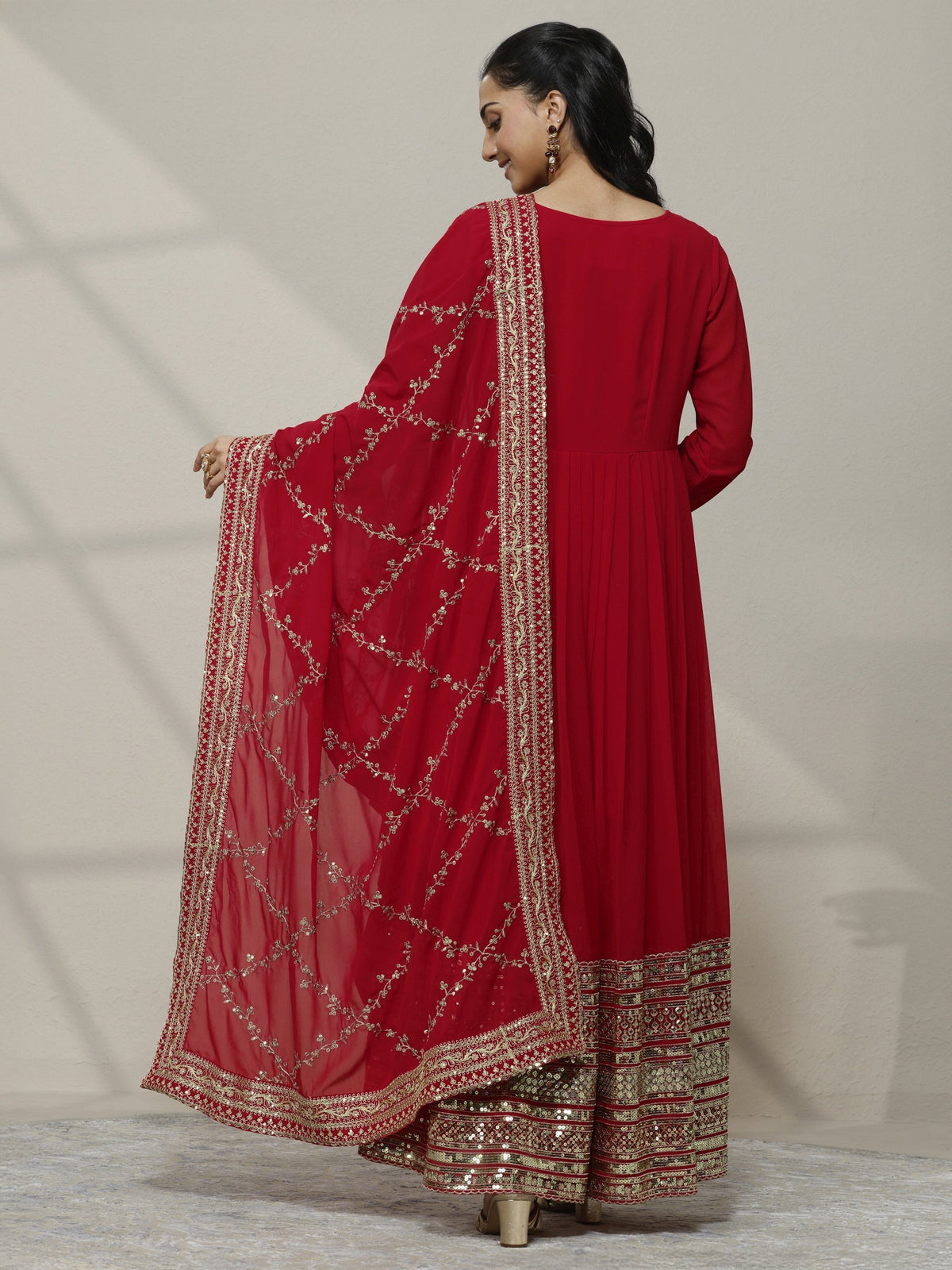 Anouk Red Embellished Georgette Anarkali Suit Set With Dupatta