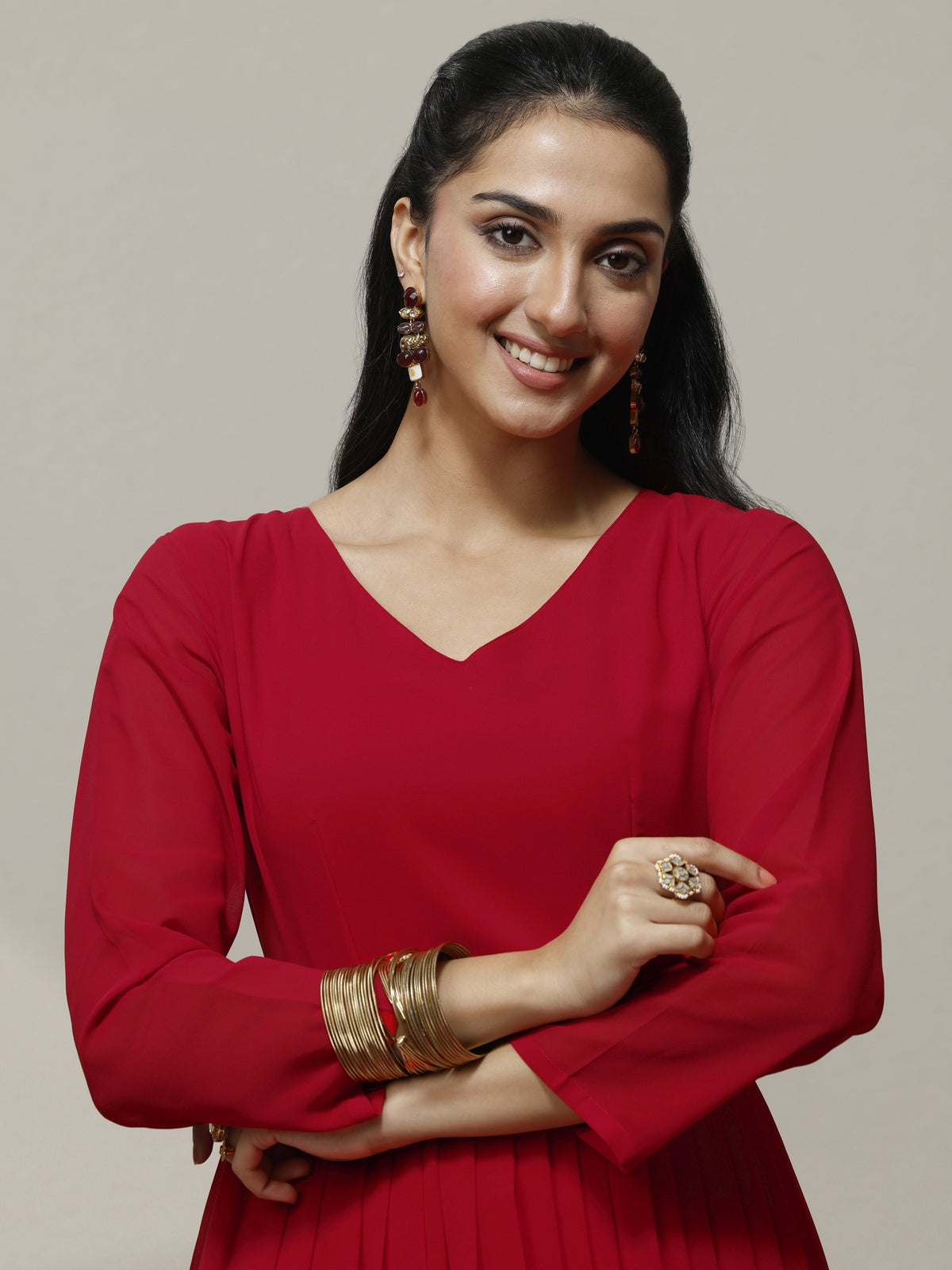Anouk Red Embellished Georgette Anarkali Suit Set With Dupatta
