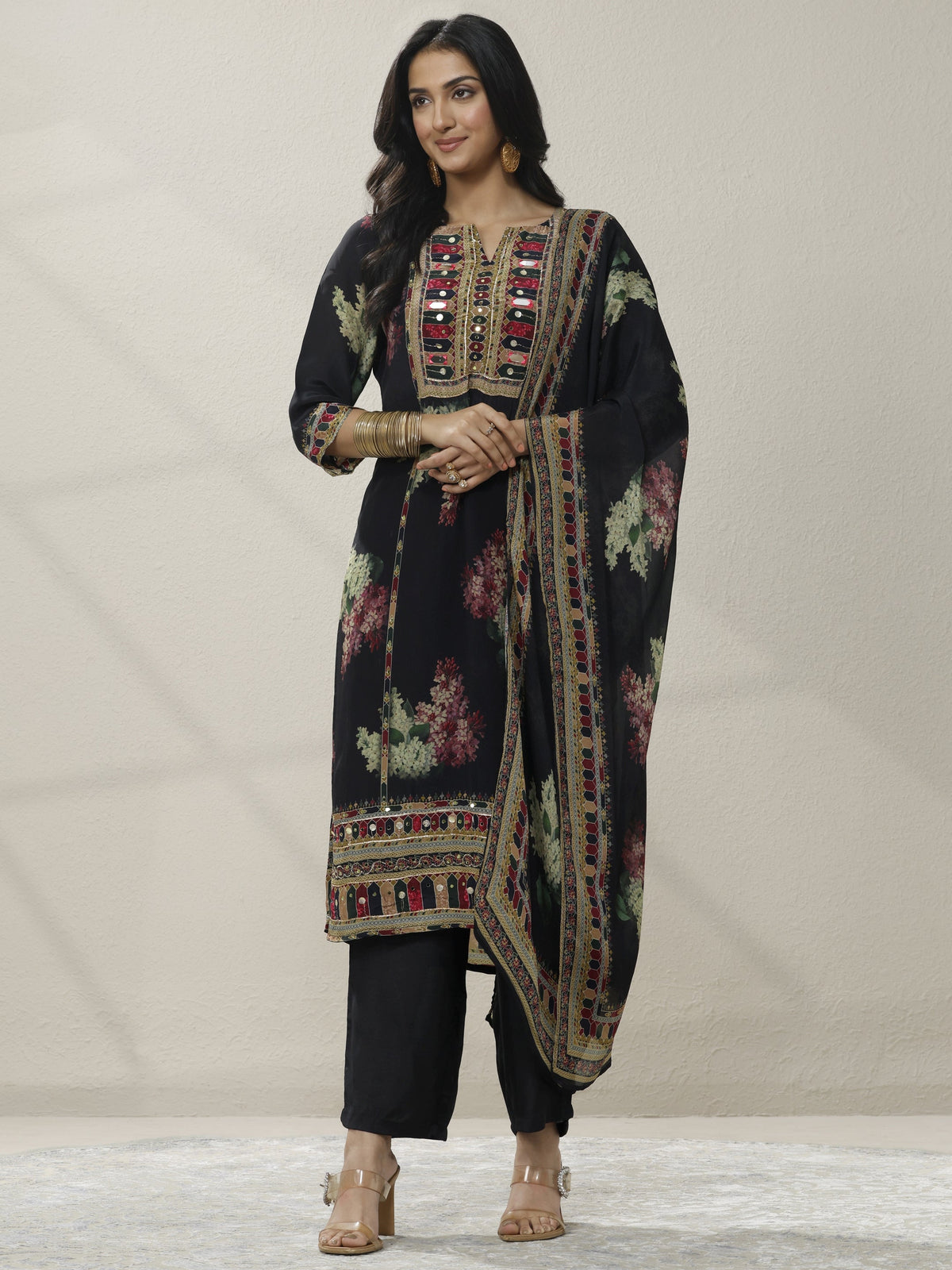 Anouk Black Printed Chinon Straight Suit Set With Dupatta