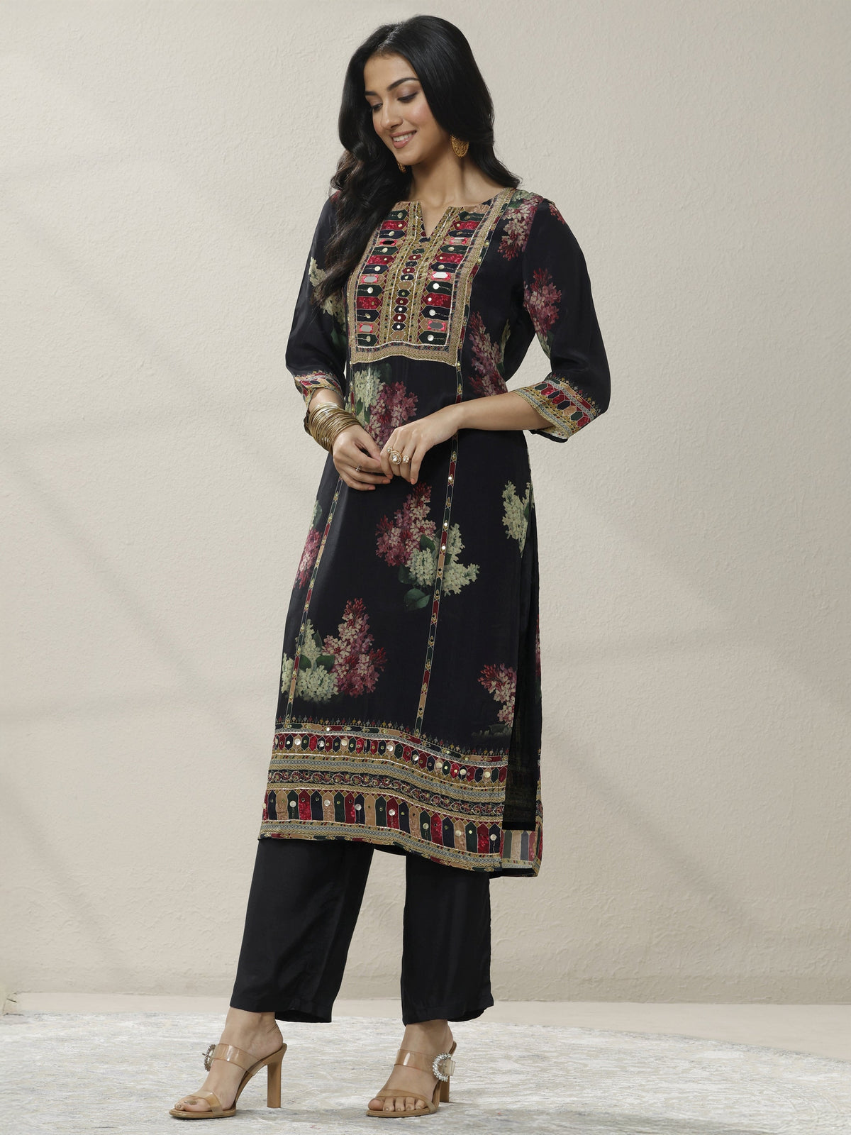 Anouk Black Printed Chinon Straight Suit Set With Dupatta