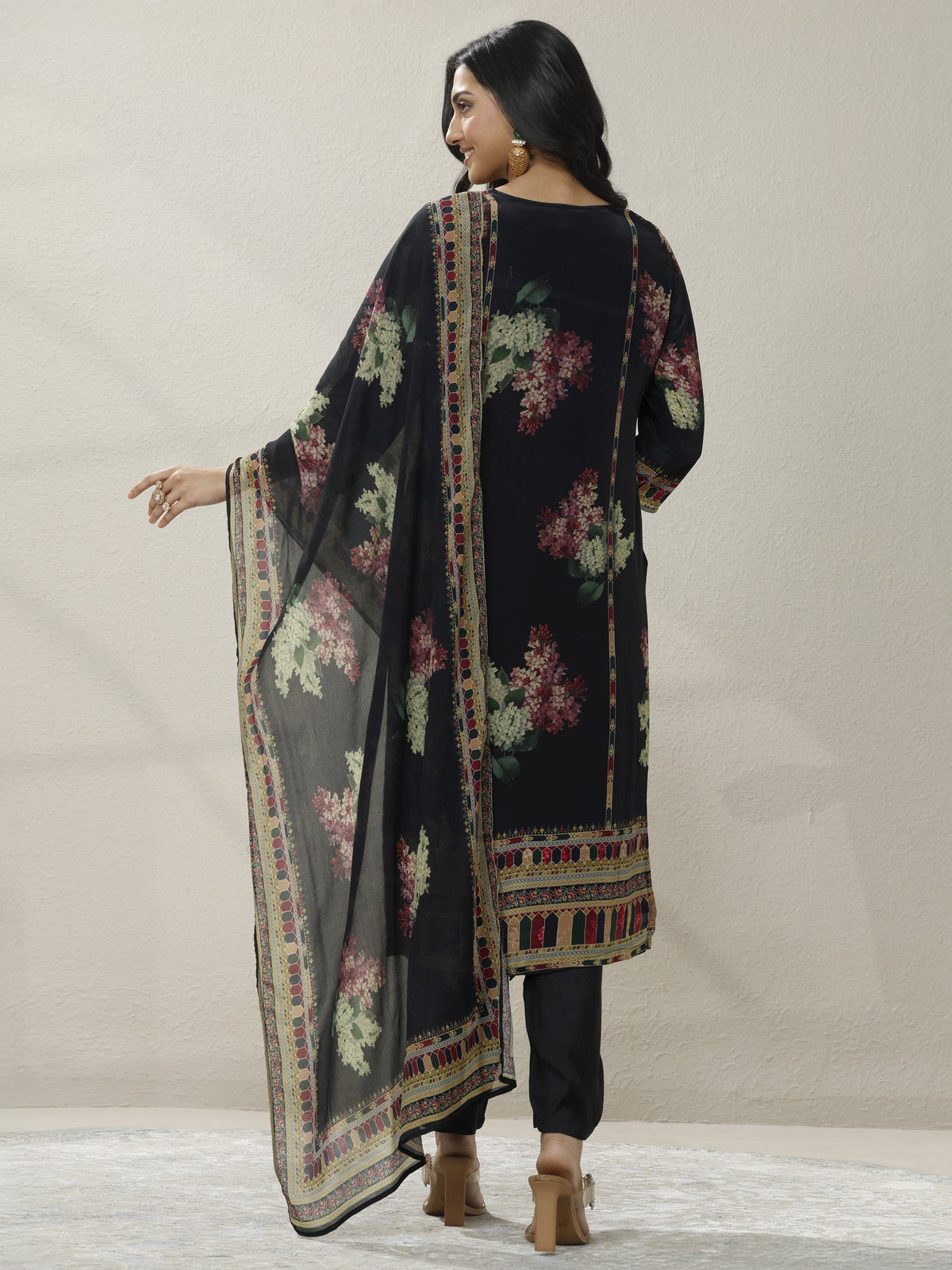 Anouk Black Printed Chinon Straight Suit Set With Dupatta