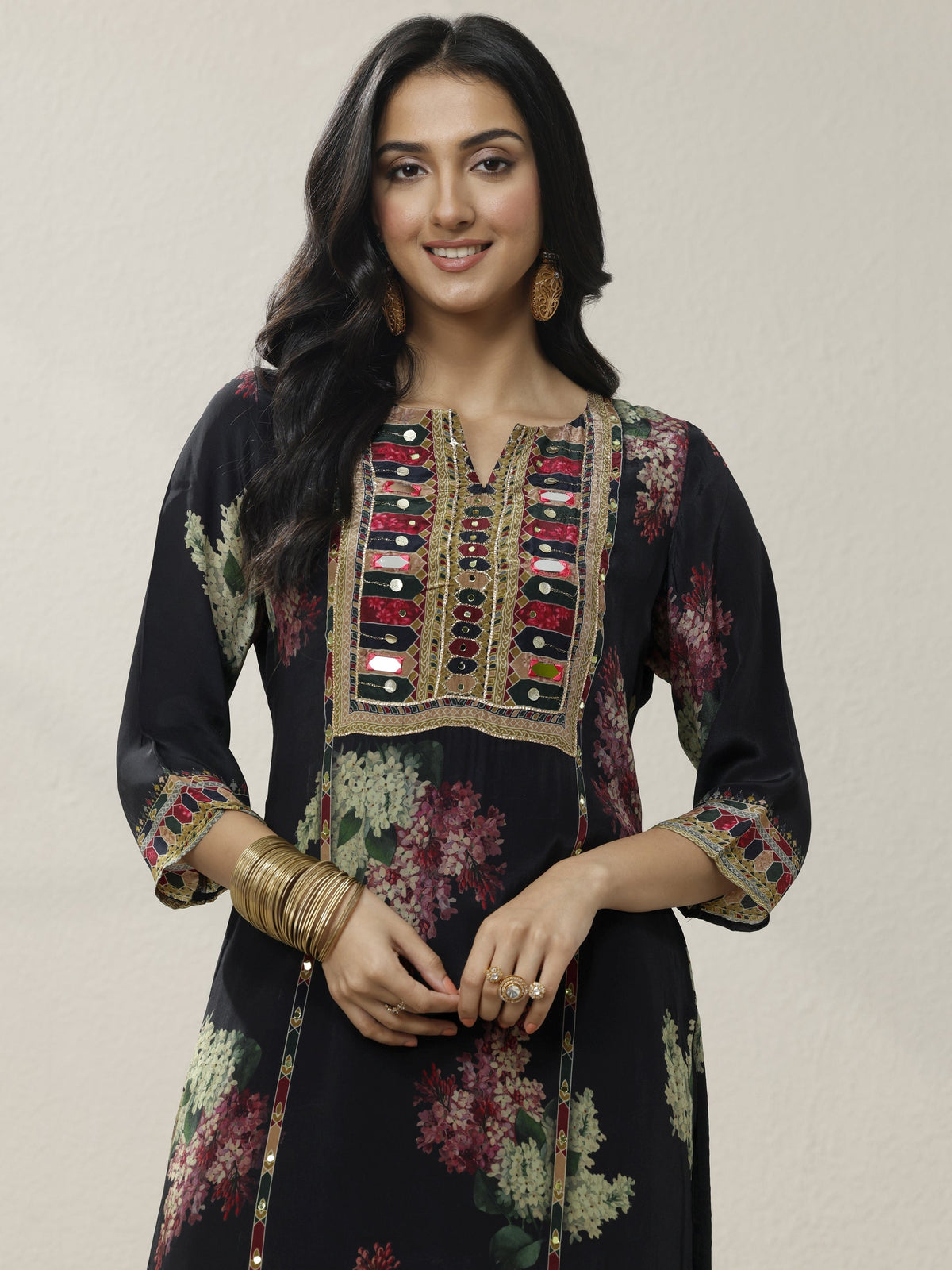 Anouk Black Printed Chinon Straight Suit Set With Dupatta