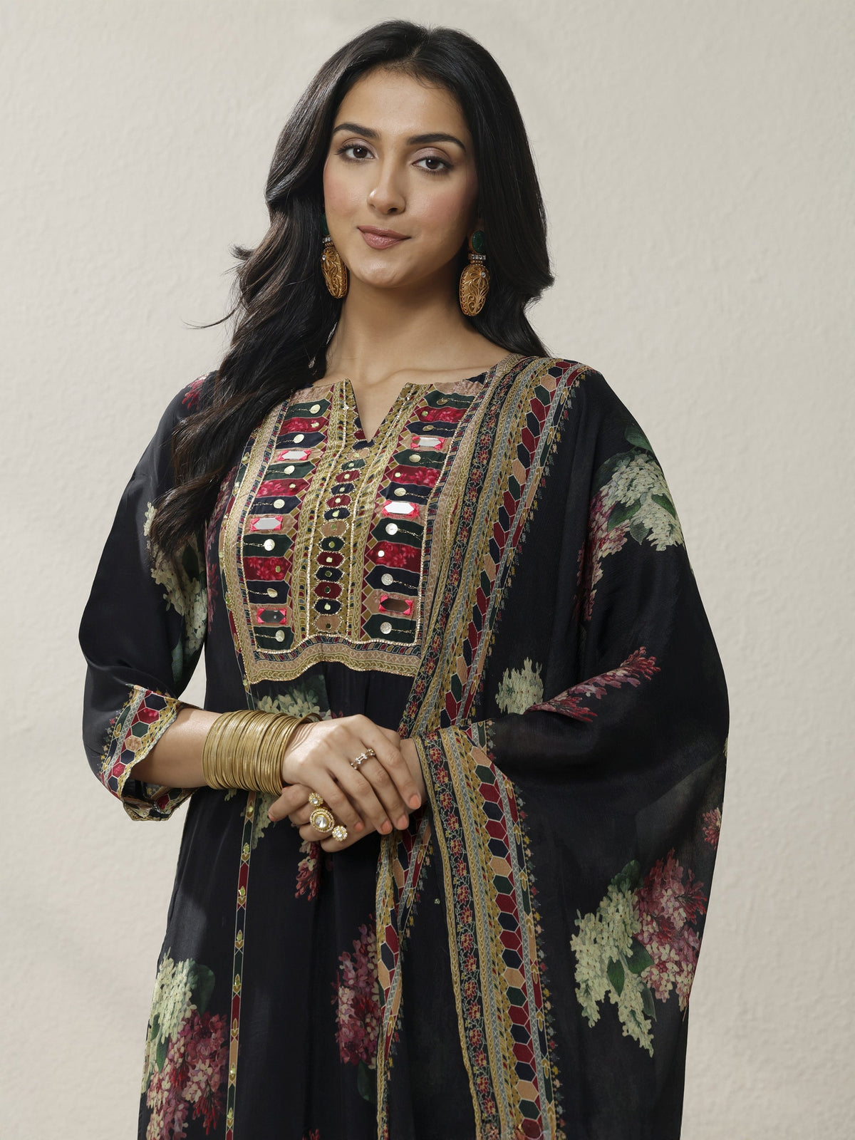 Anouk Black Printed Chinon Straight Suit Set With Dupatta
