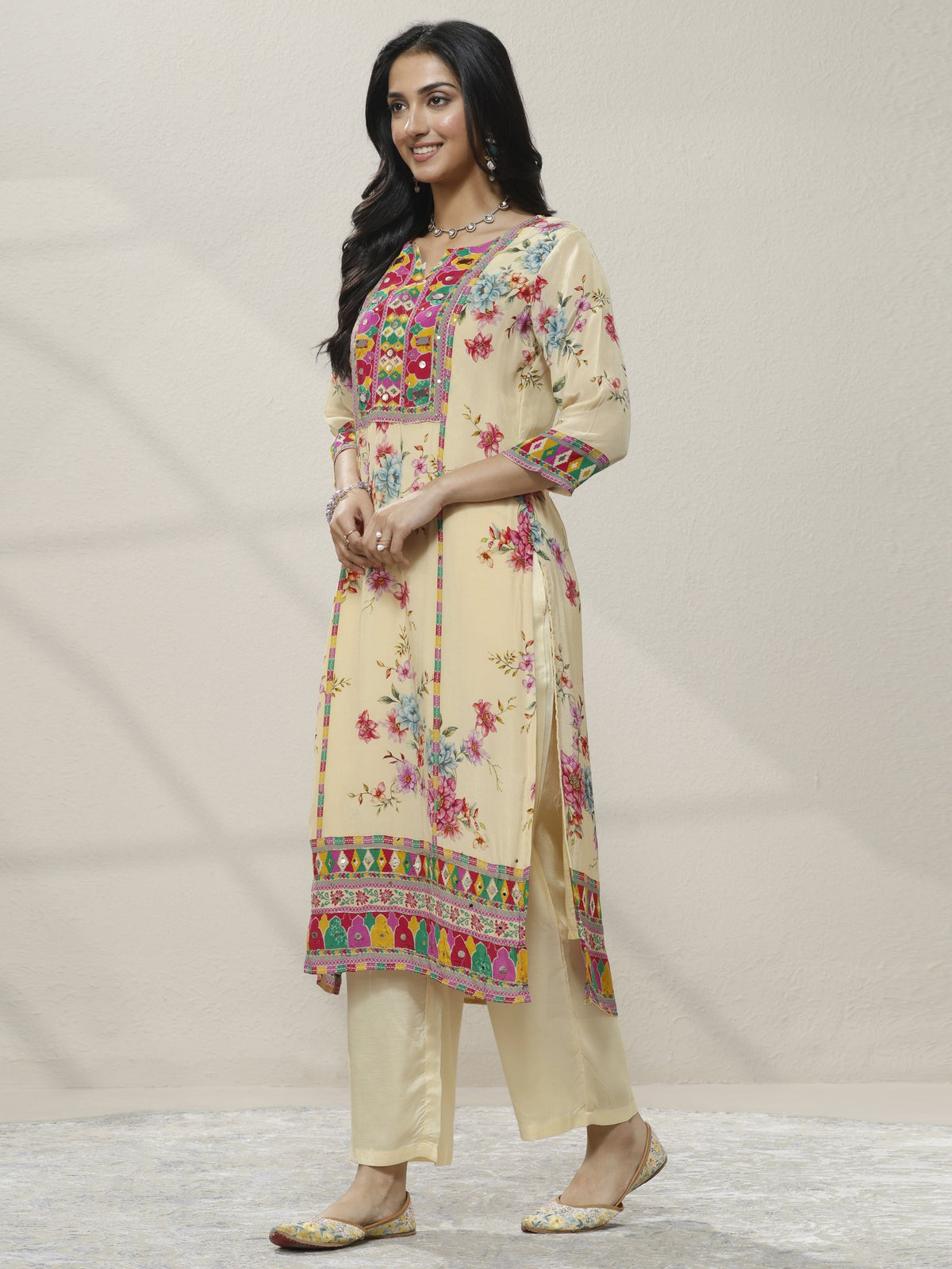 Anouk Cream Printed Chinon Straight Suit Set With Dupatta
