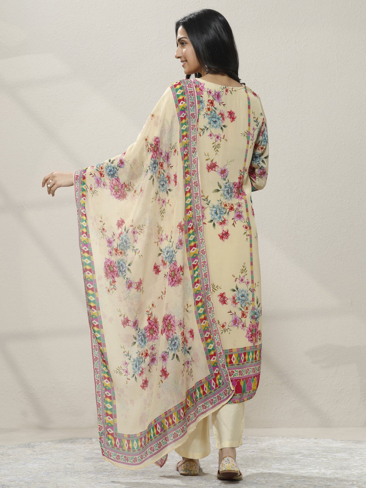 Anouk Cream Printed Chinon Straight Suit Set With Dupatta