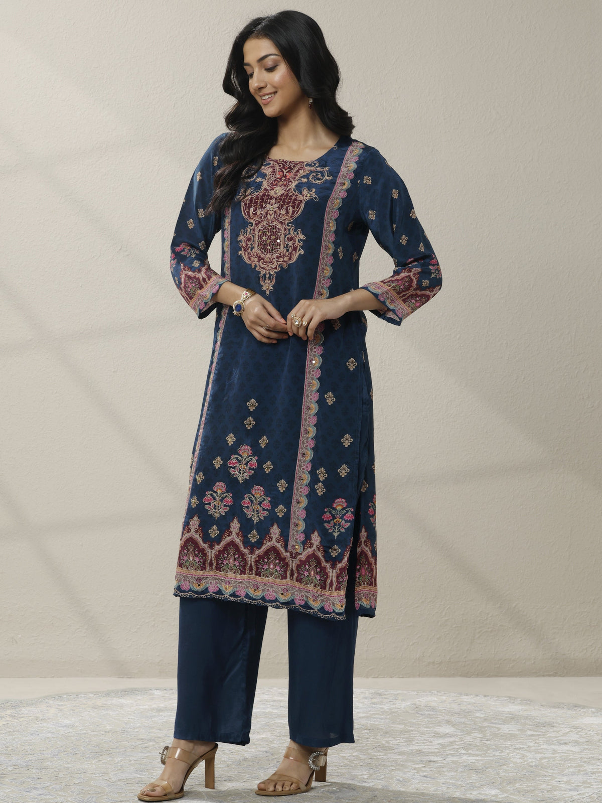 Anouk Blue Printed Muslin Straight Suit Set With Dupatta