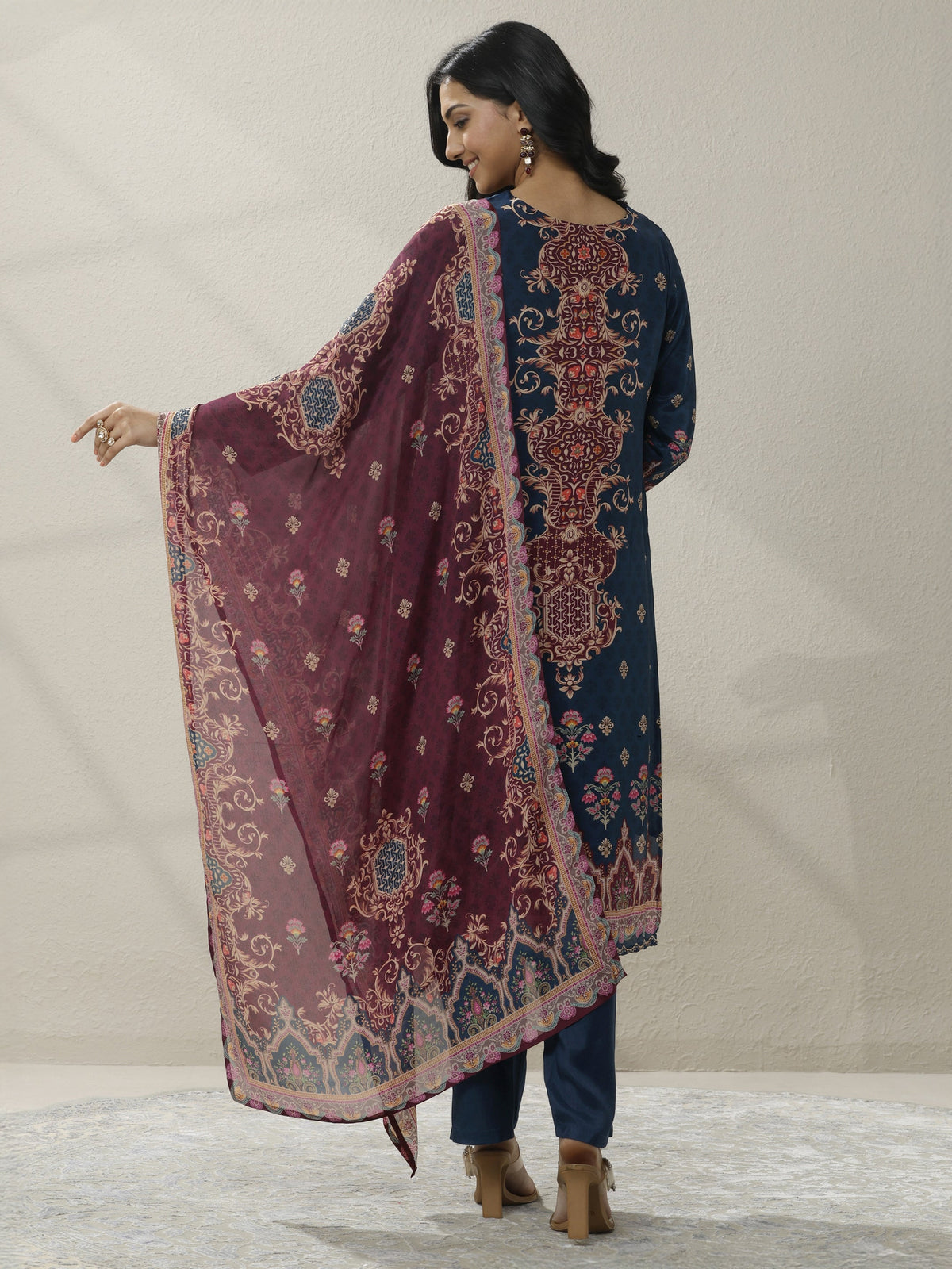 Anouk Blue Printed Muslin Straight Suit Set With Dupatta