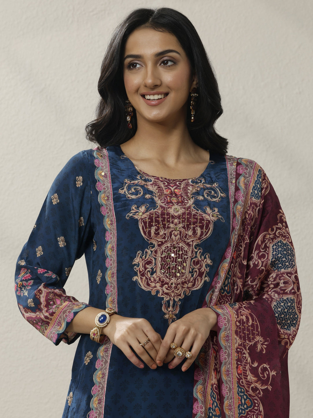 Anouk Blue Printed Muslin Straight Suit Set With Dupatta