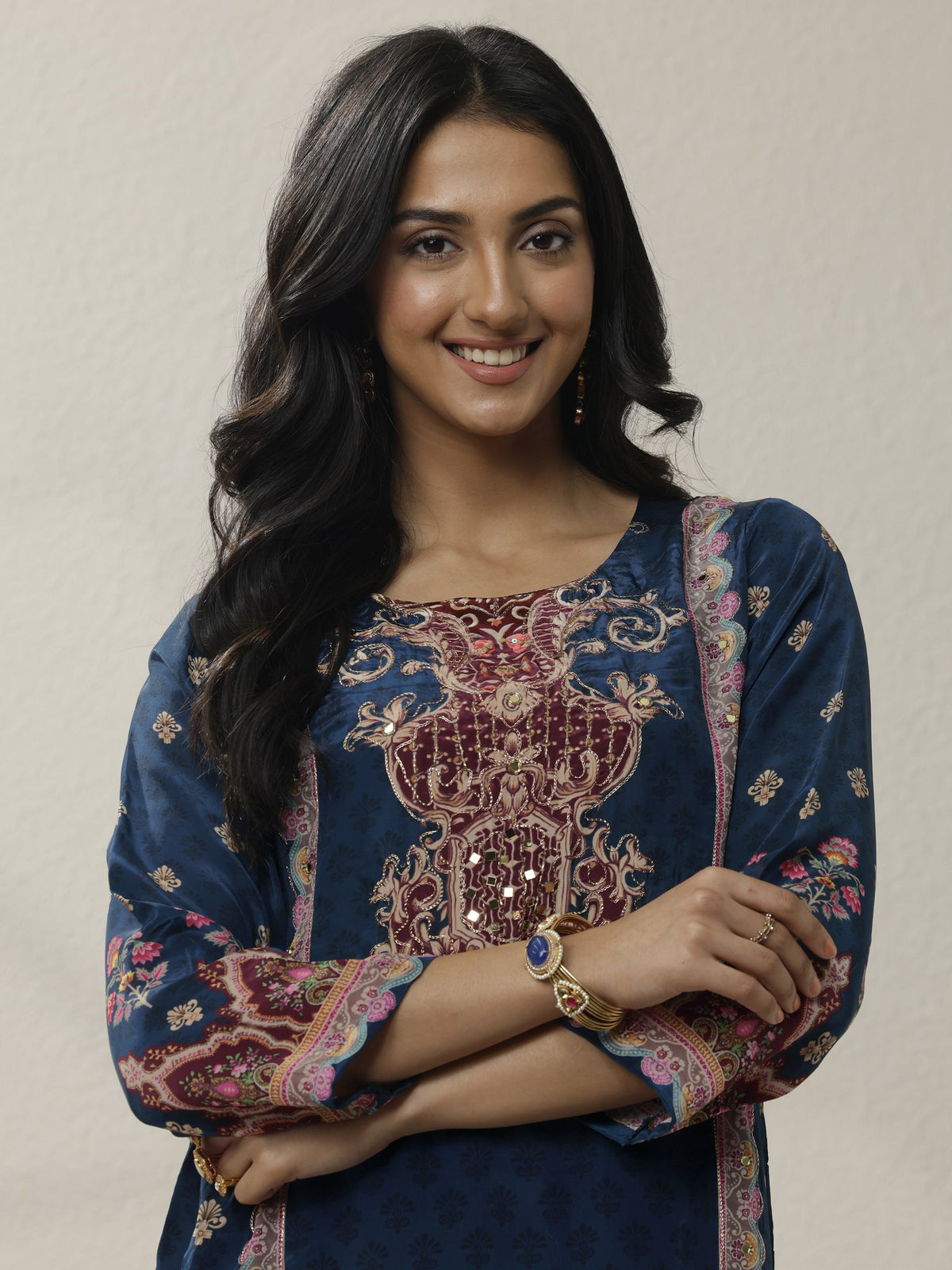 Anouk Blue Printed Muslin Straight Suit Set With Dupatta
