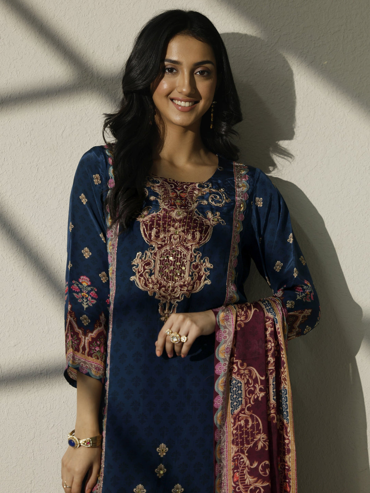 Anouk Blue Printed Muslin Straight Suit Set With Dupatta