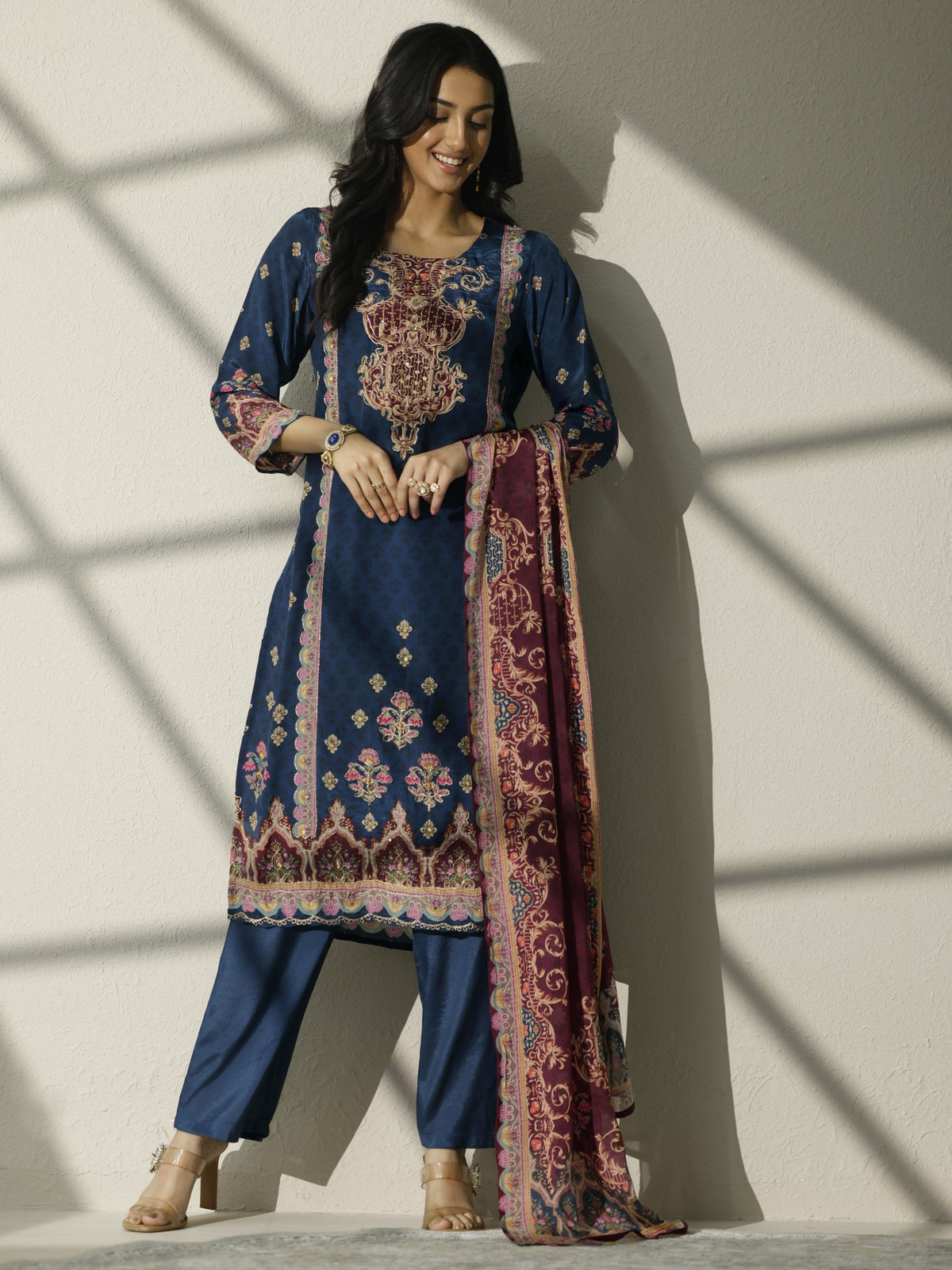 Anouk Blue Printed Muslin Straight Suit Set With Dupatta