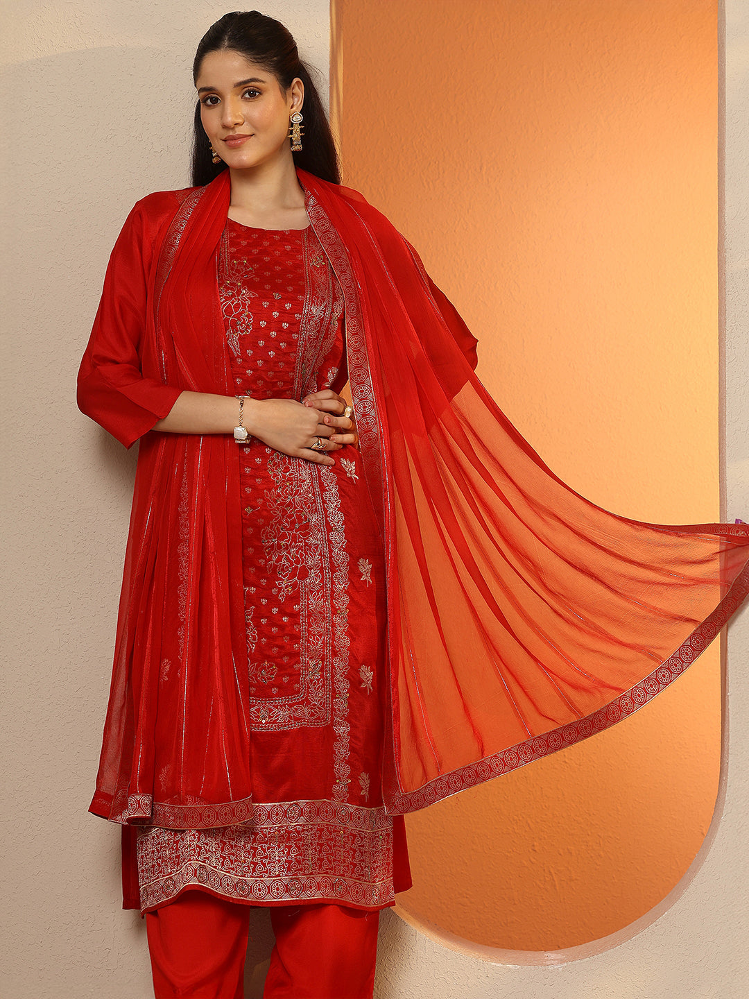 Anouk Red Woven Design Silk Blend Straight Suit Set With Dupatta