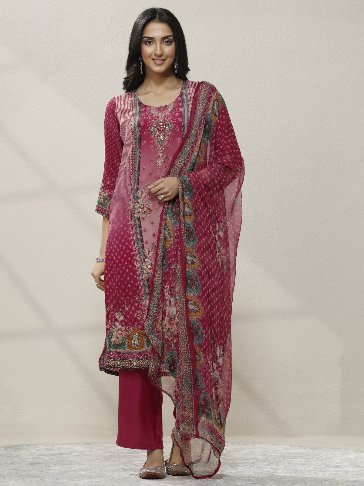 Anouk Pink Printed Muslin Straight Suit Set With Dupatta